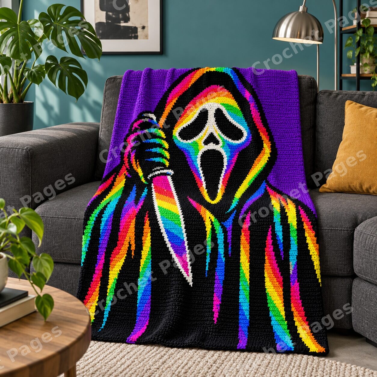 Rainbow Scream Mask crochet blanket room mockup with natural light and warm furnishings.