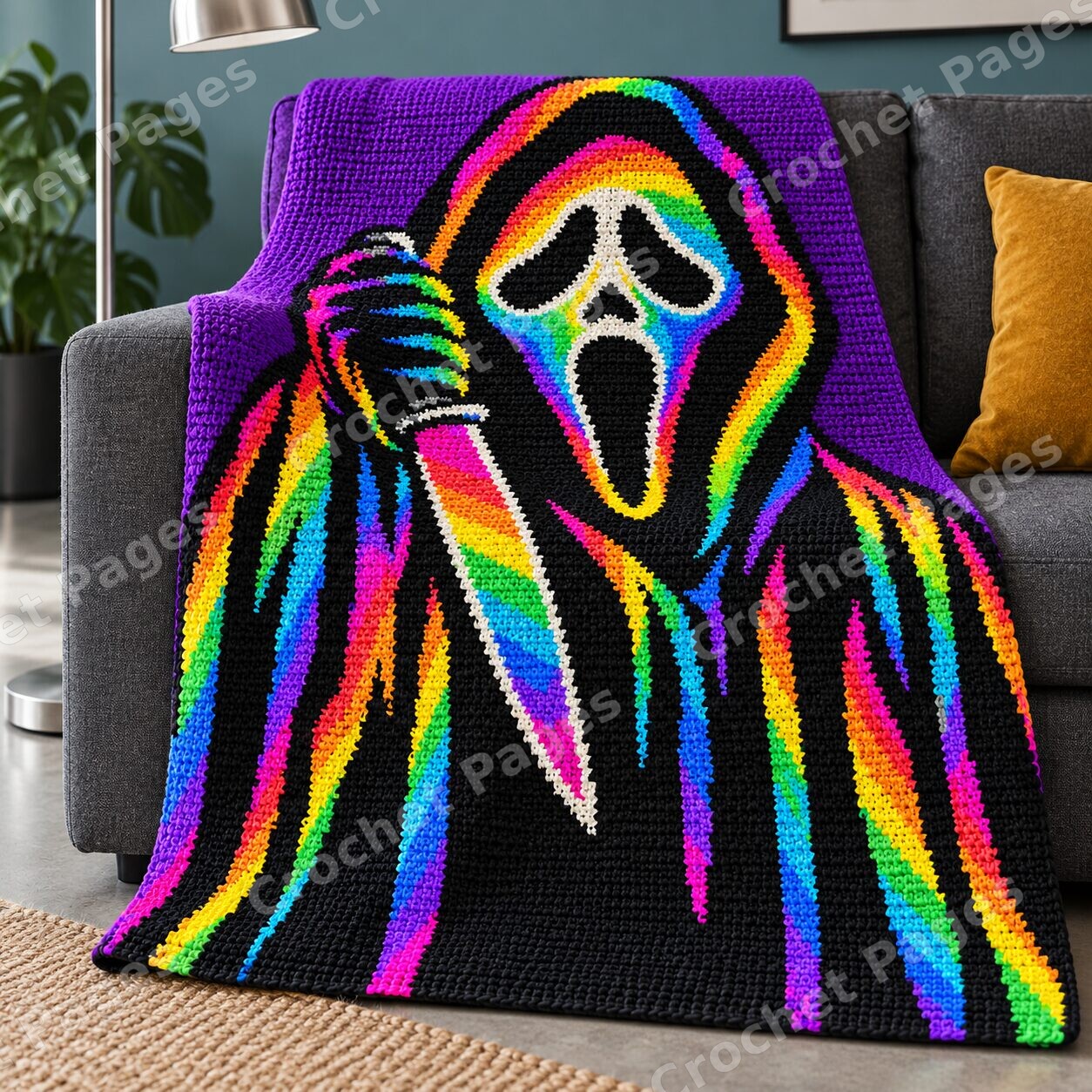 Angled detail mockup of Rainbow Scream Mask, showing the recognizable motifs and crochet yarn texture.