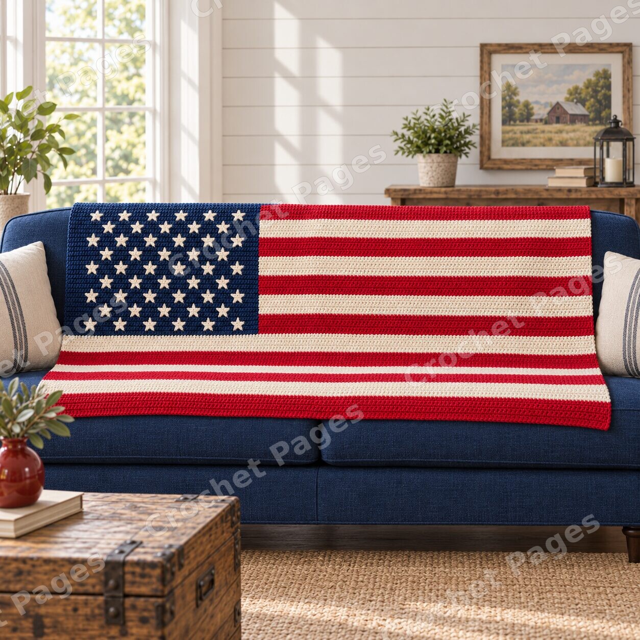 Classic American Flag crochet blanket mockup, showing the full colorwork design in a cozy room.