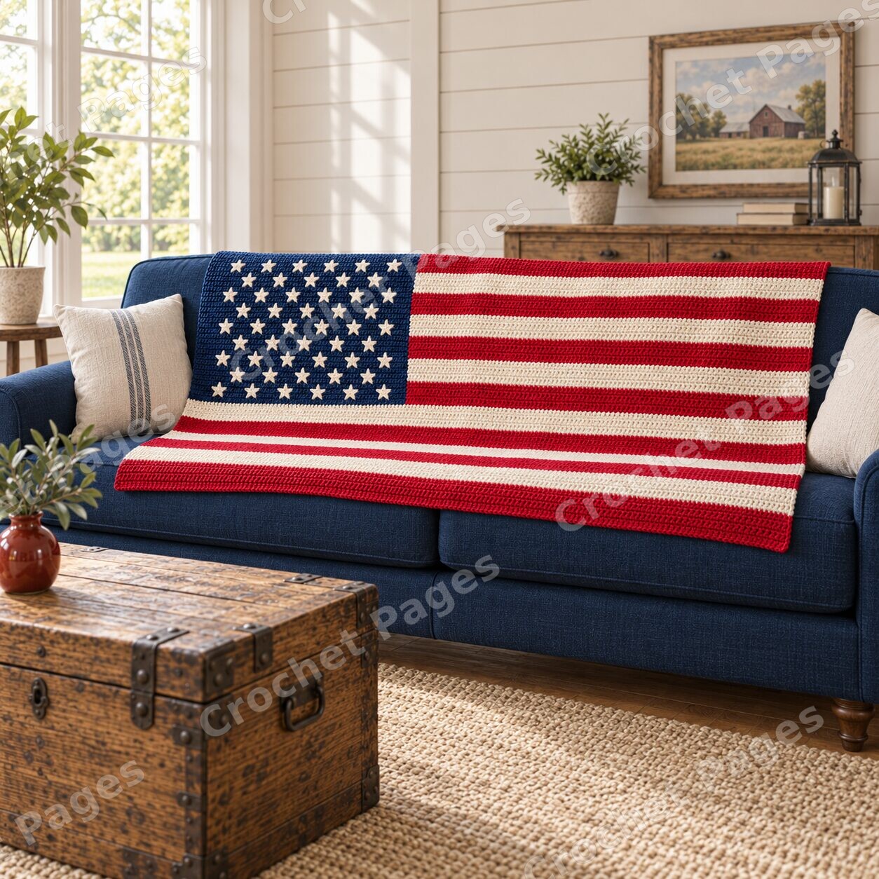 Classic American Flag crochet blanket room mockup with natural light and warm furnishings.