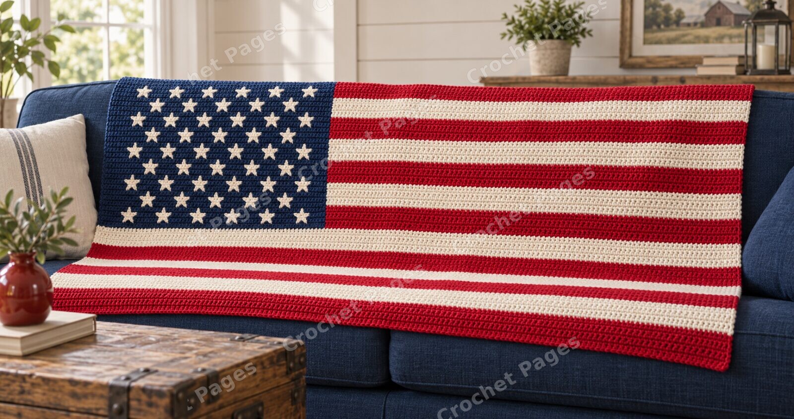 Angled detail mockup of Classic American Flag, showing the recognizable motifs and crochet yarn texture.