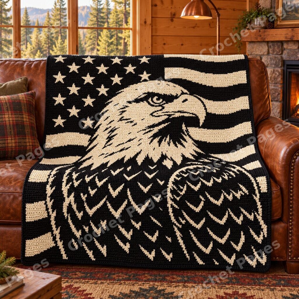 Bald Eagle Flag Portrait crochet blanket mockup, showing the full colorwork design in a cozy room.