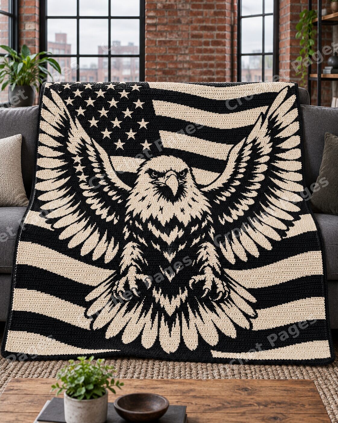 Soaring Eagle and Flag crochet blanket mockup, showing the full colorwork design in a cozy room.