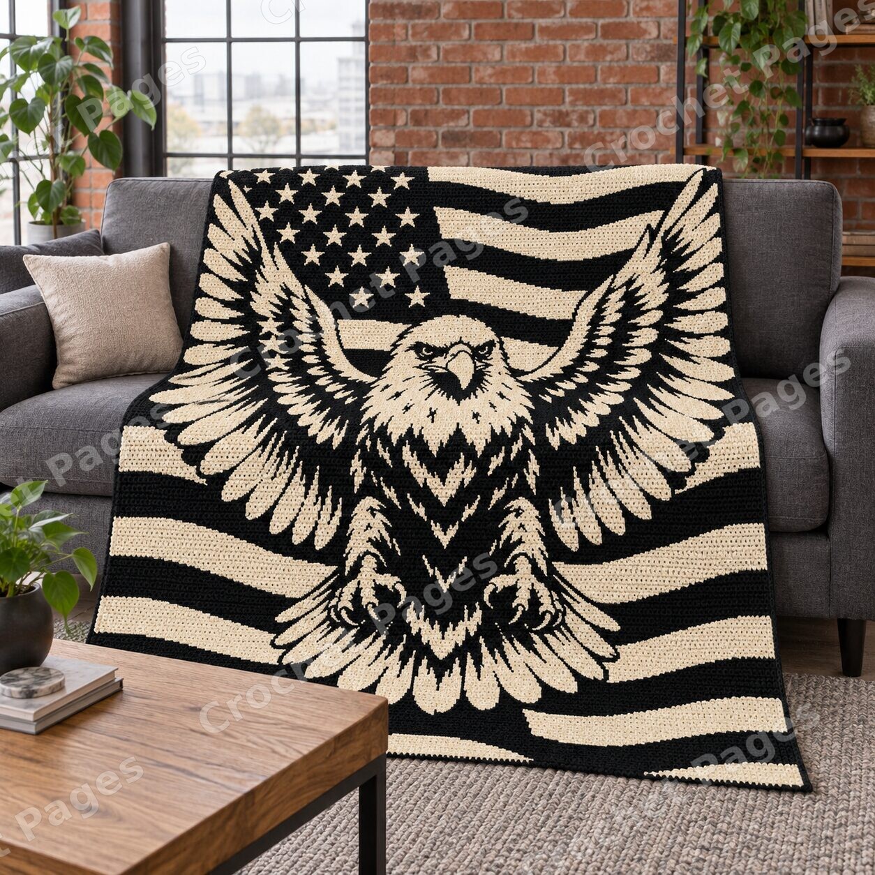 Soaring Eagle and Flag crochet blanket room mockup with natural light and warm furnishings.