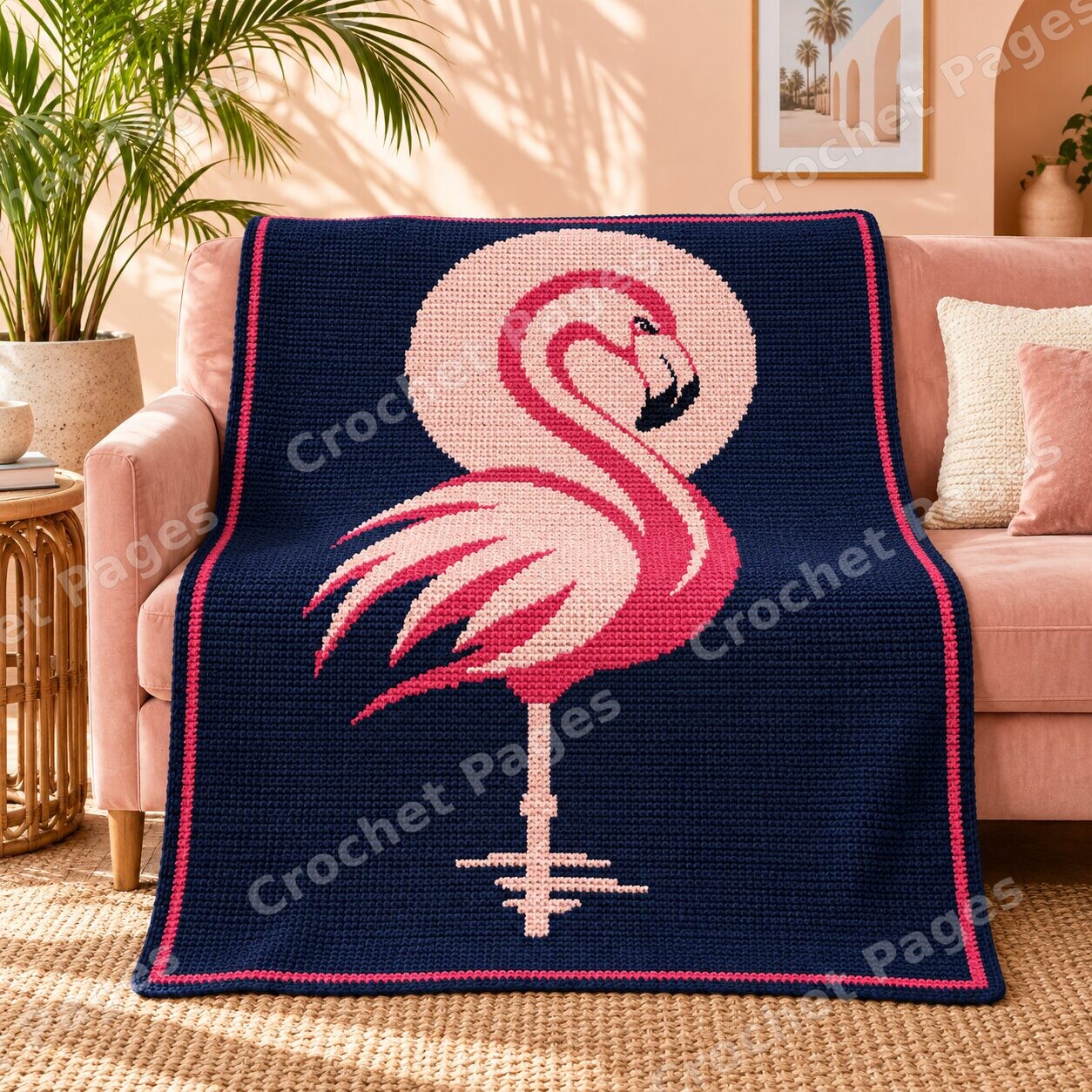 Pink Moon Flamingo crochet blanket mockup, showing the full colorwork design in a cozy room.