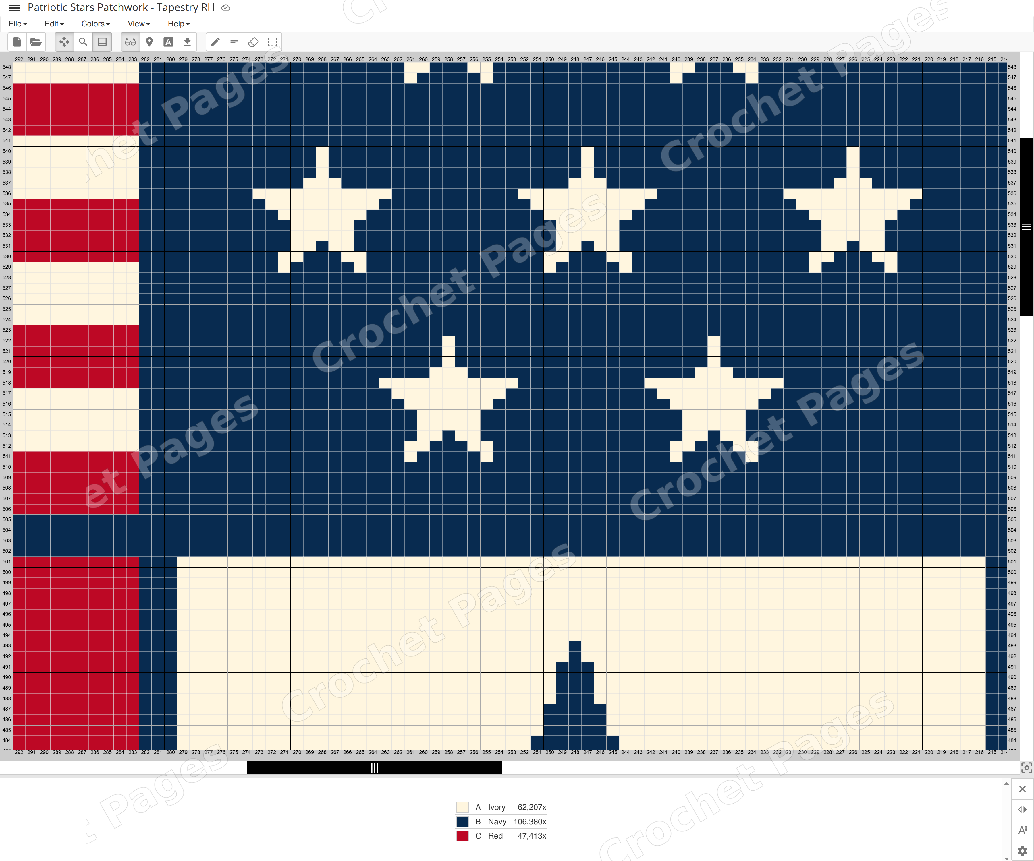 Actual Stitch Fiddle chart detail for Patriotic Stars Patchwork, zoomed to show individual stitch squares, row and column numbers, and the color legend. Only part of the pattern is shown.