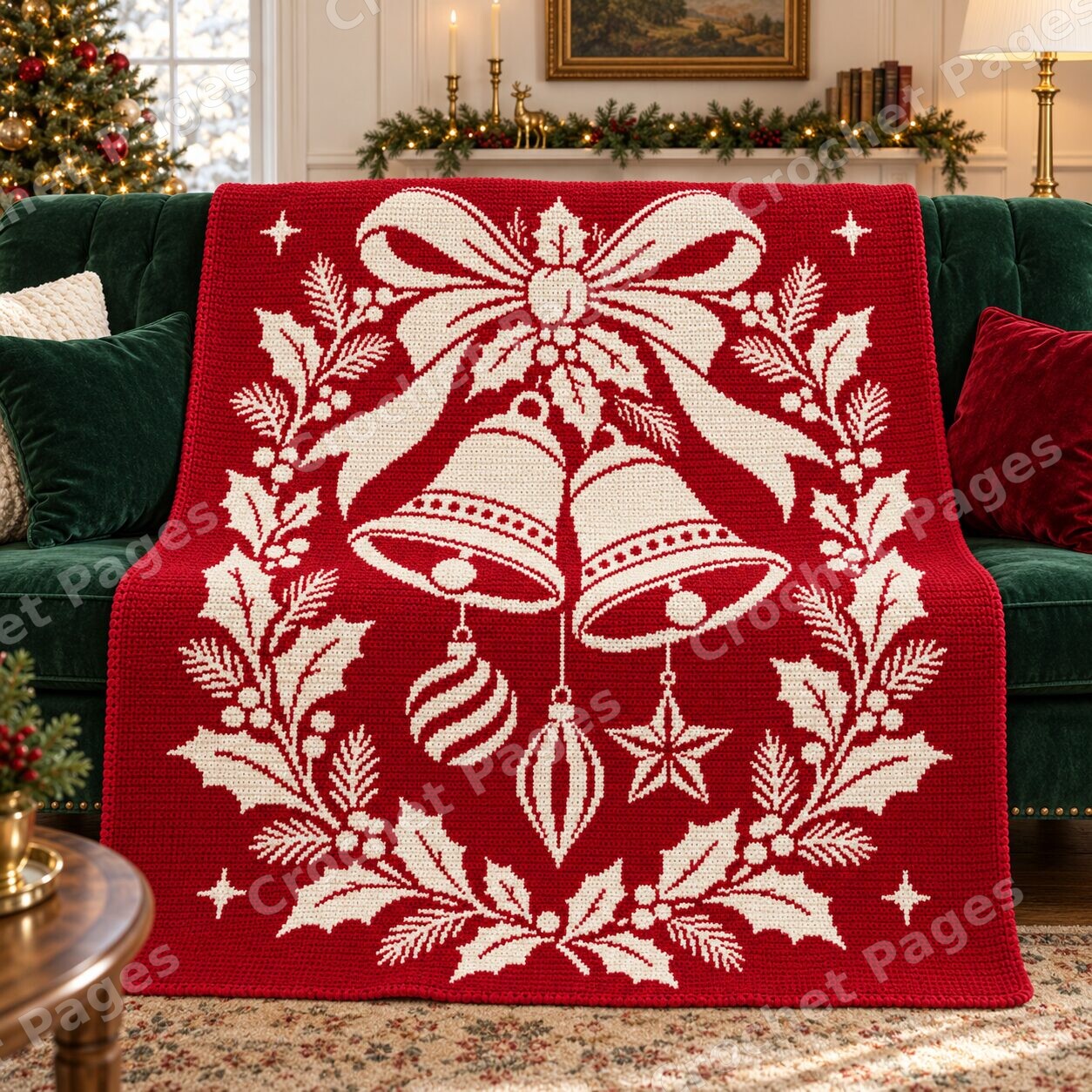 Christmas Bells and Holly crochet blanket mockup, showing the full colorwork design in a cozy room.