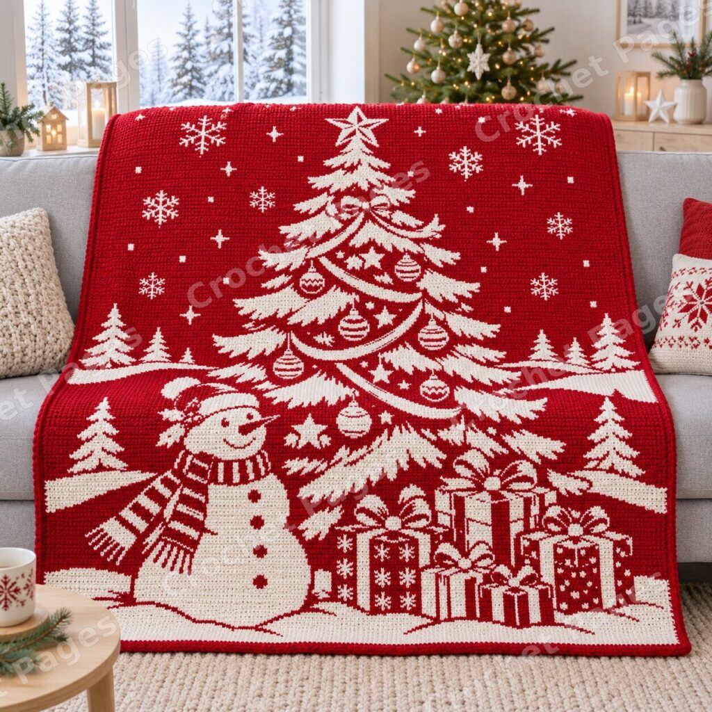 Snowman and Christmas Tree crochet blanket mockup, showing the full colorwork design in a cozy room.