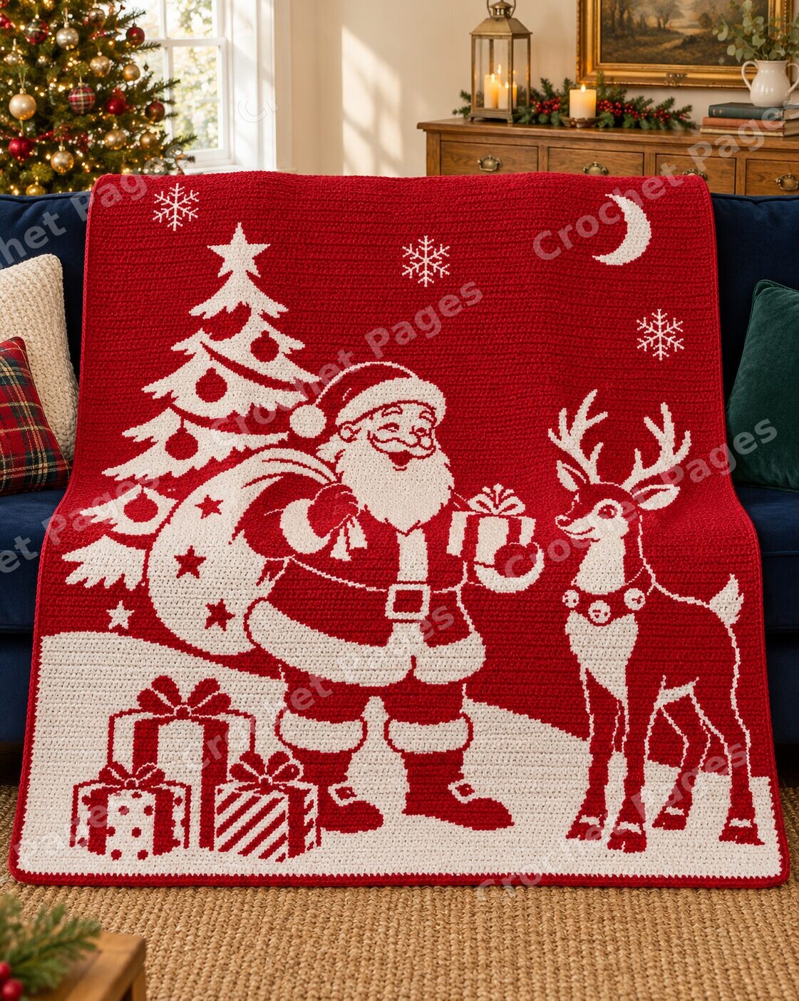 Santa Reindeer and Gifts crochet blanket mockup, showing the full colorwork design in a cozy room.