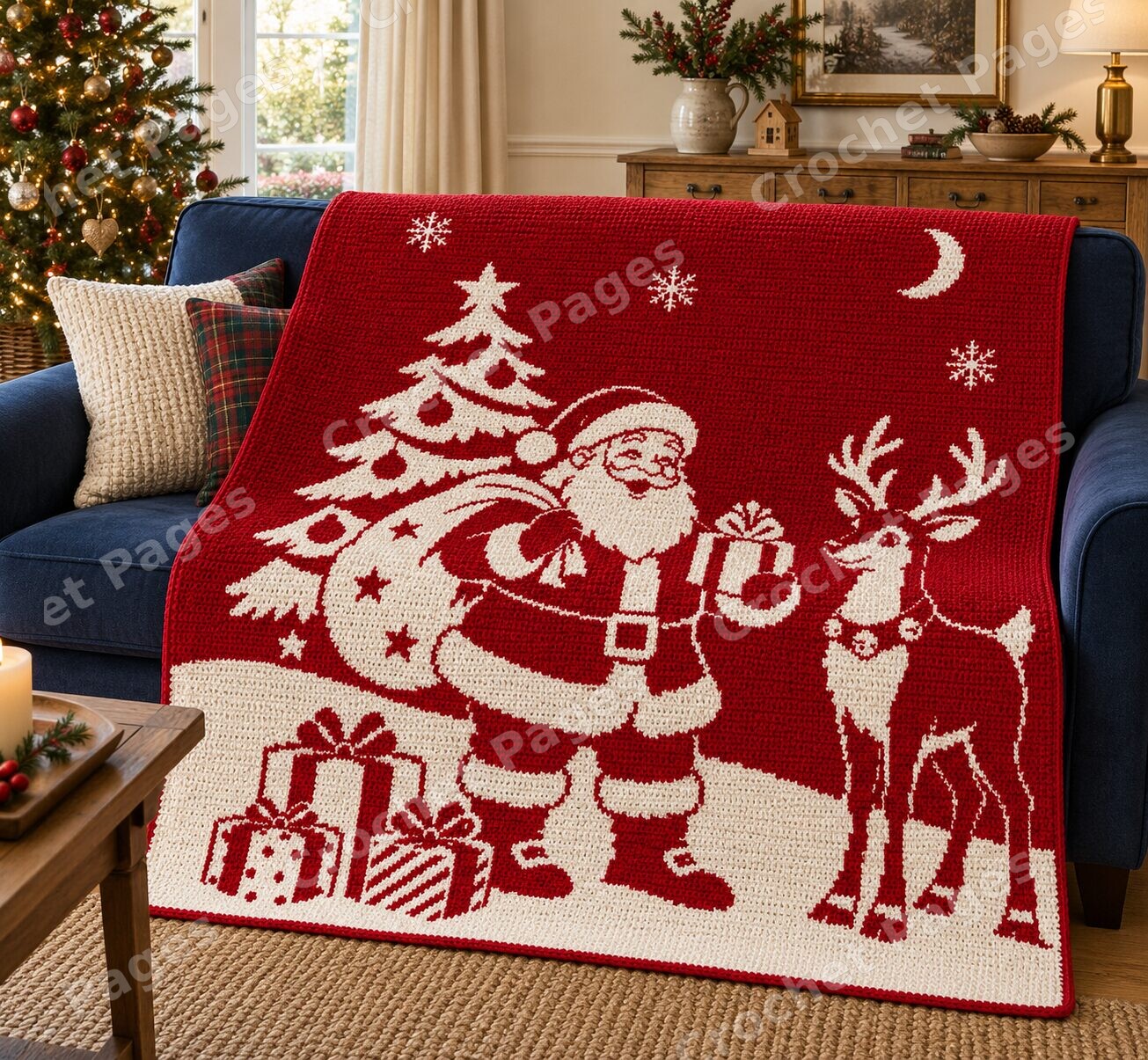Santa Reindeer and Gifts crochet blanket room mockup with natural light and warm furnishings.