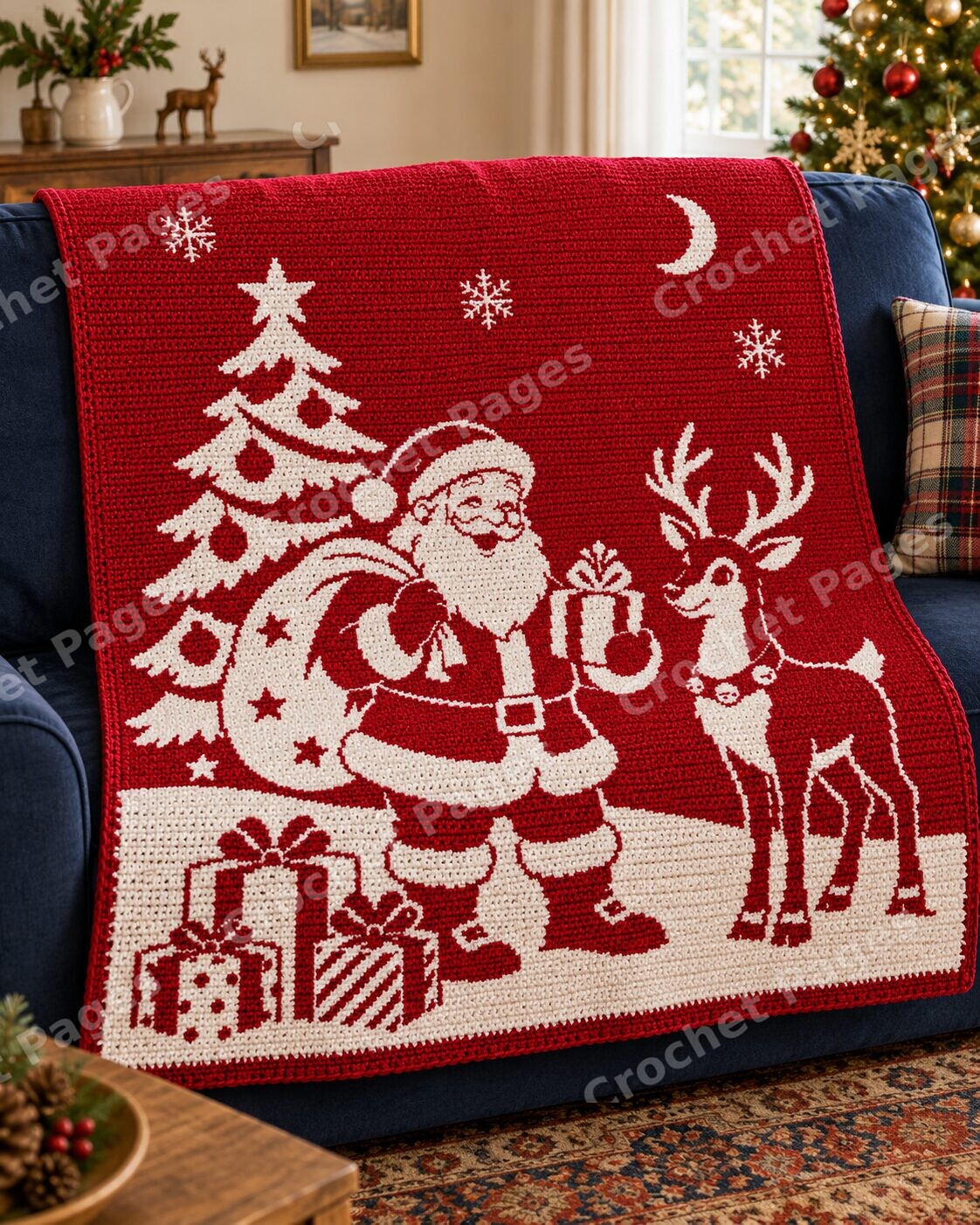 Angled detail mockup of Santa Reindeer and Gifts, showing the recognizable motifs and crochet yarn texture.