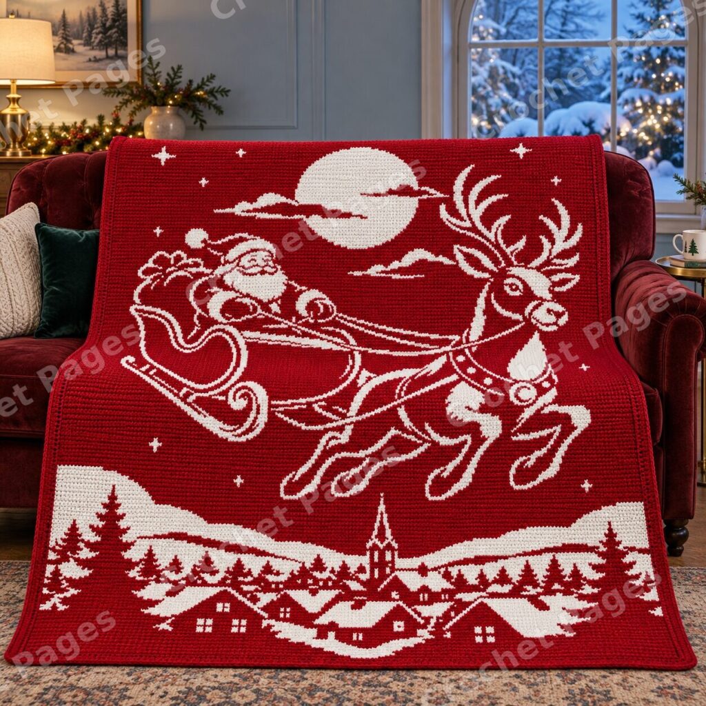 Santa Sleigh over Winter Village crochet blanket mockup, showing the full colorwork design in a cozy room.