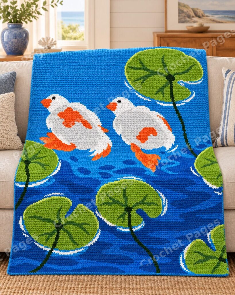 Duck Koi Lily Pond crochet blanket mockup, showing the full colorwork design in a cozy room.