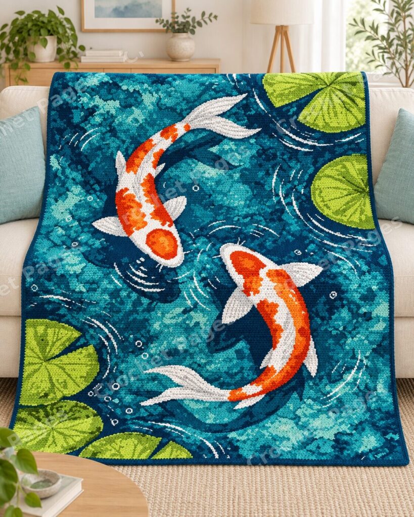 Watercolor Koi Pond crochet blanket mockup, showing the full colorwork design in a cozy room.