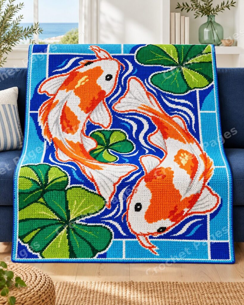 Orange Koi and Blue Waves crochet blanket mockup, showing the full colorwork design in a cozy room.