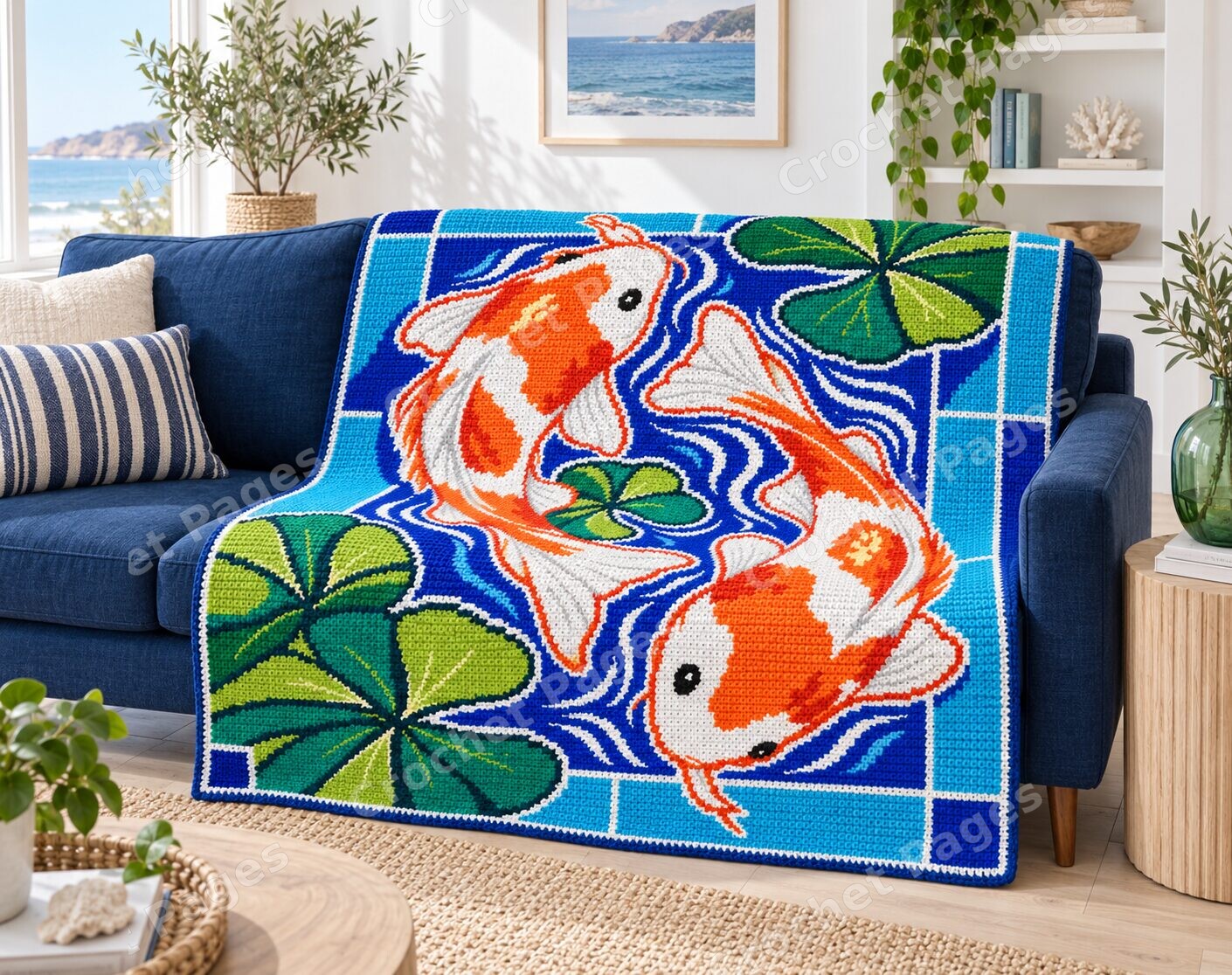 Orange Koi and Blue Waves crochet blanket room mockup with natural light and warm furnishings.