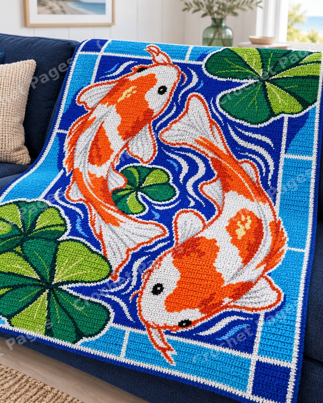 Angled detail mockup of Orange Koi and Blue Waves, showing the recognizable motifs and crochet yarn texture.