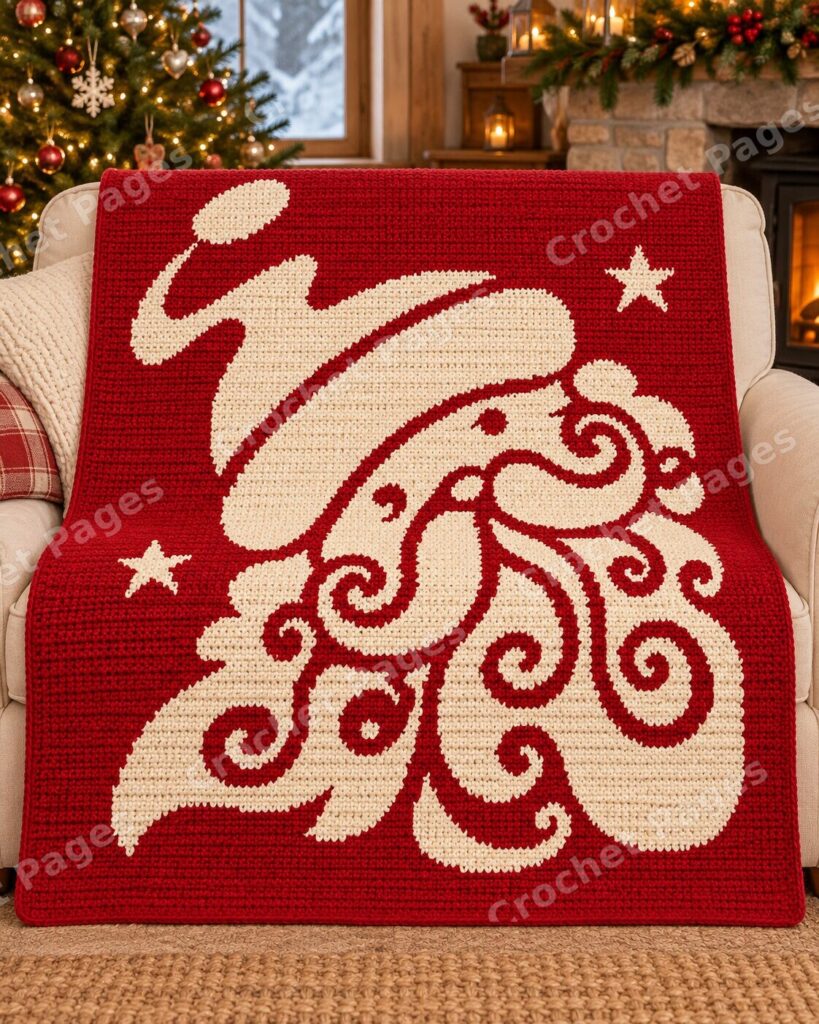 Swirling Beard Santa crochet blanket mockup, showing the full colorwork design in a cozy room.