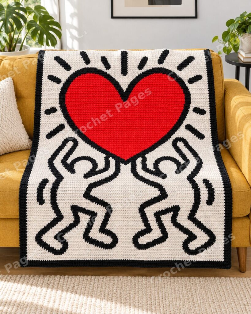 Radiant Heart Dancers crochet blanket mockup, showing the full colorwork design in a cozy room.