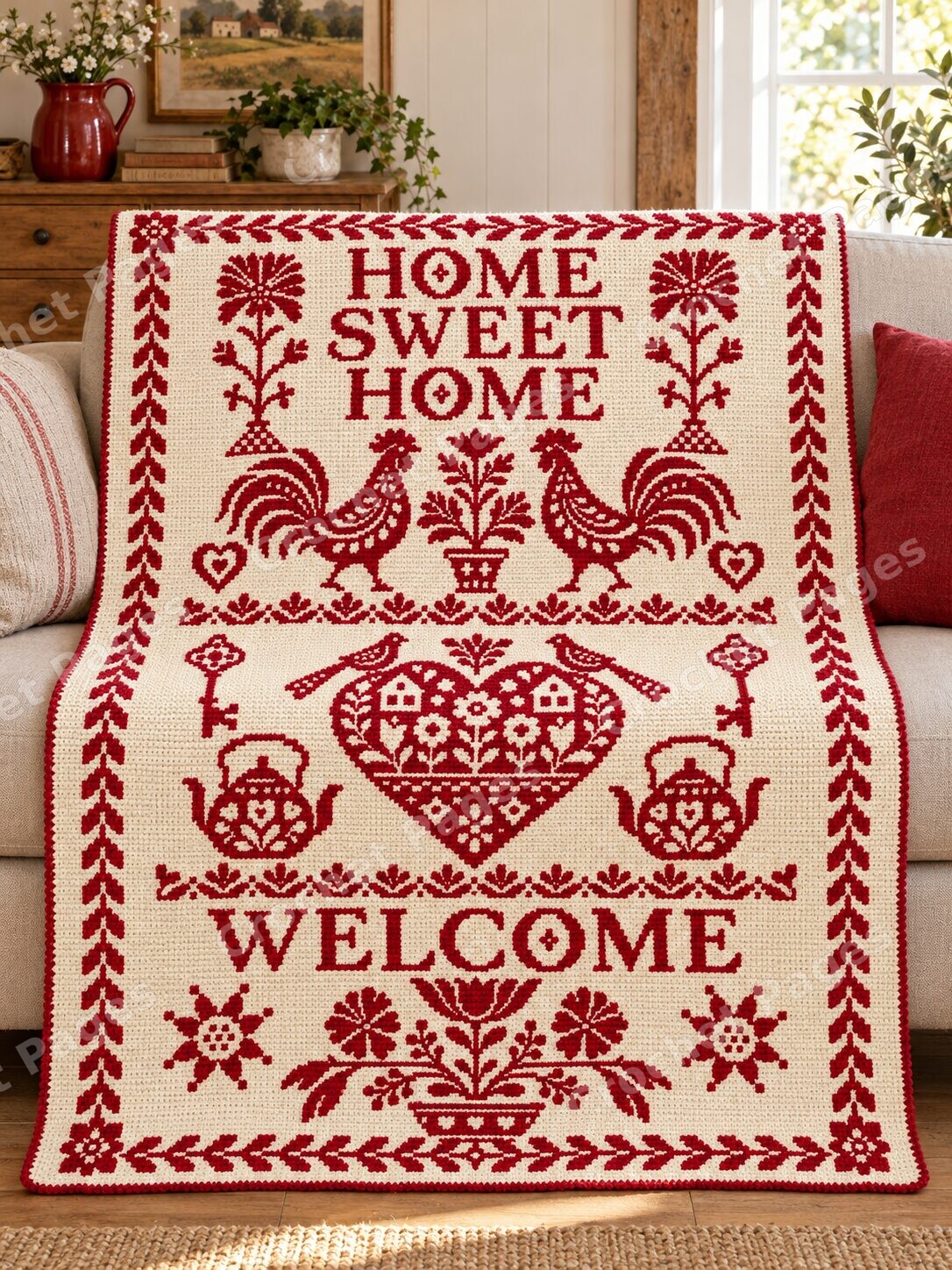 Folk Rooster Welcome Tall layout blanket mockup, 336 stitches by538 rows.