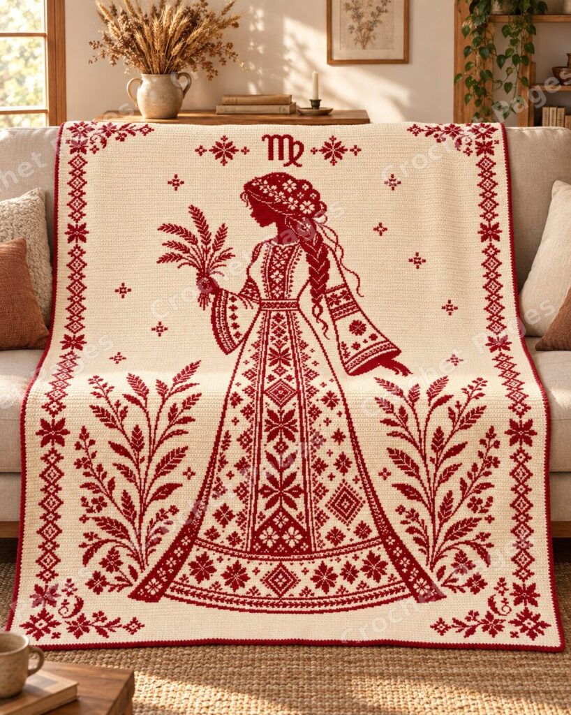 Virgo Harvest Maiden crochet blanket mockup, showing the full colorwork design in a cozy room.