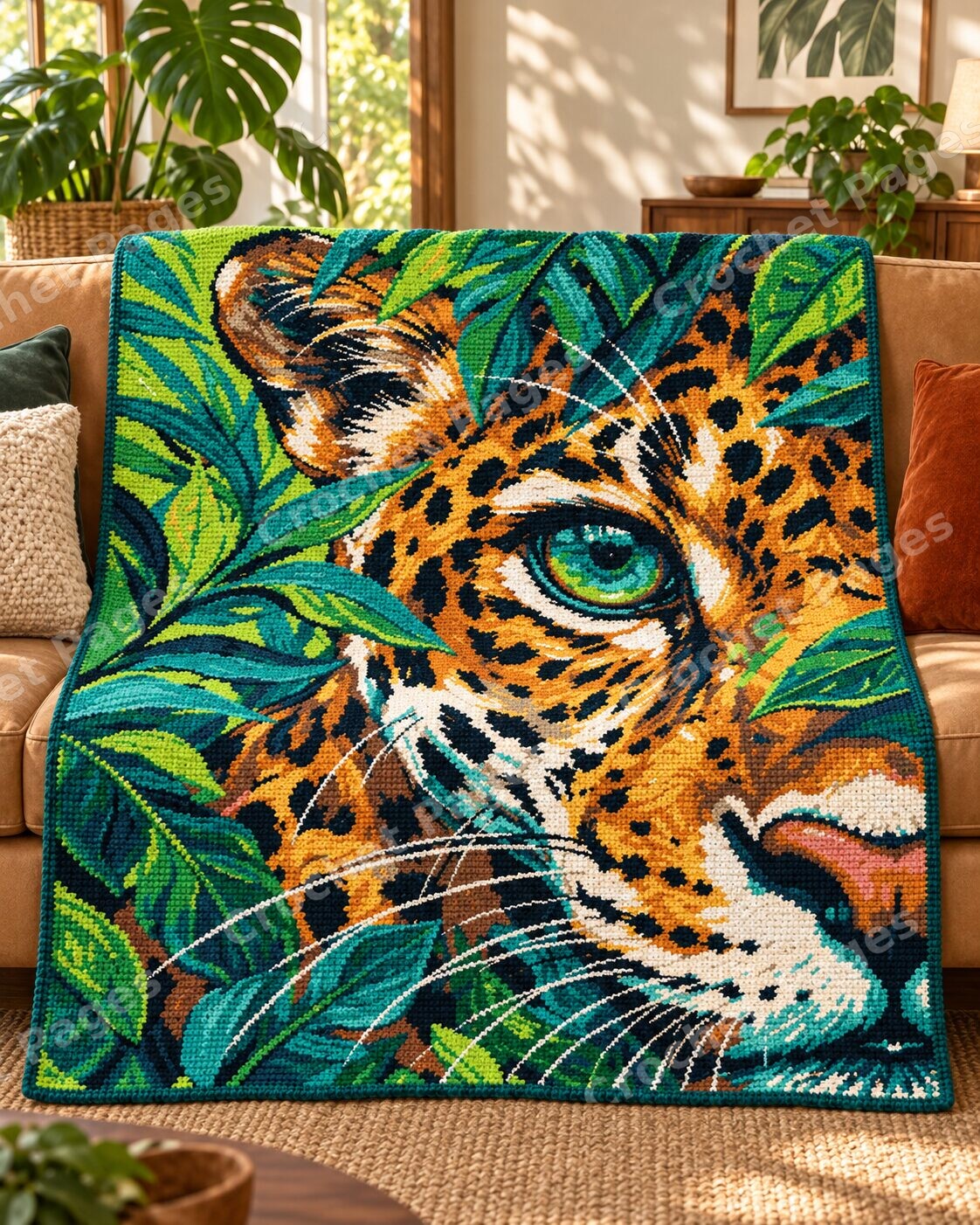 Jungle Leopard Eye crochet blanket mockup, showing the full colorwork design in a cozy room.