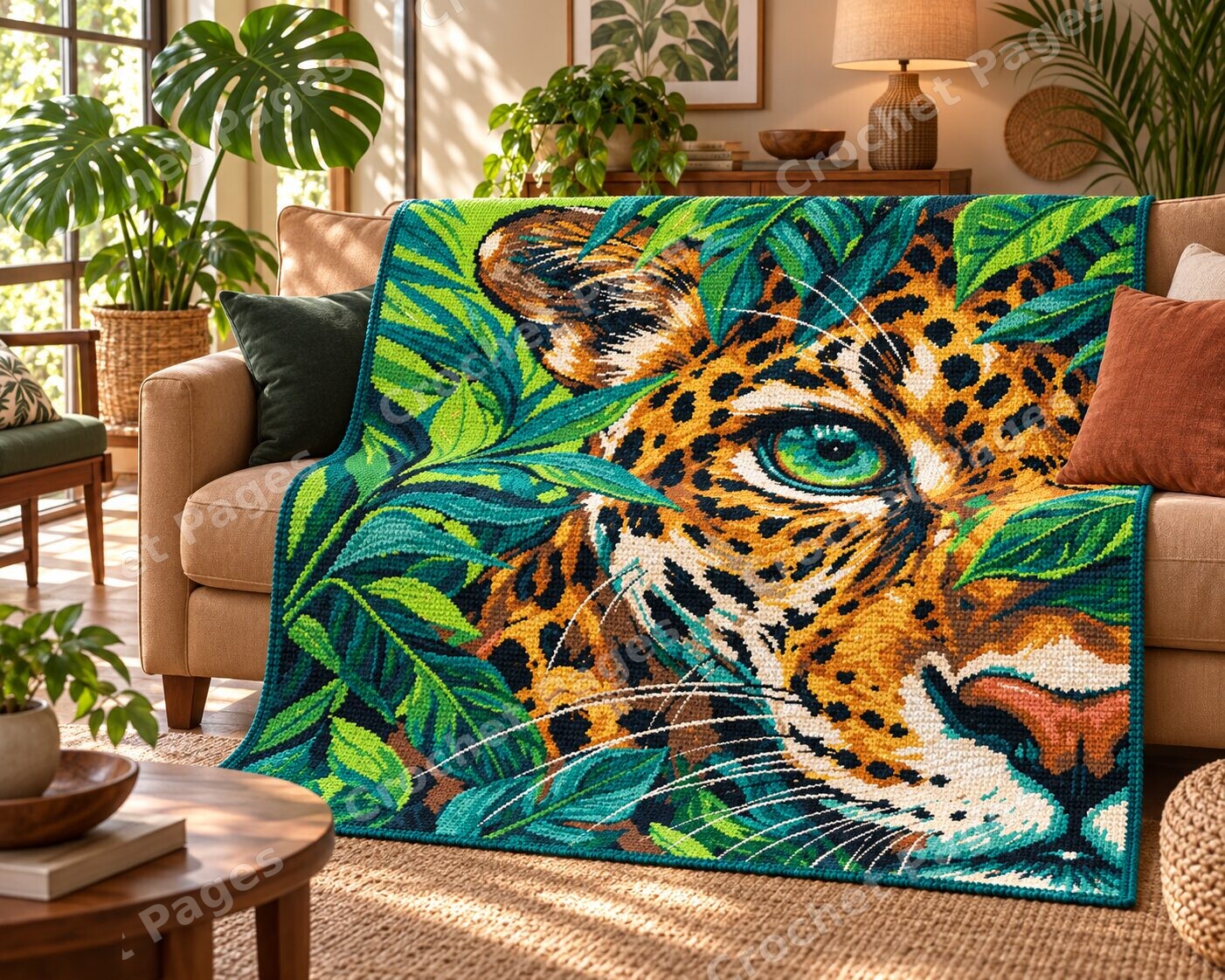 Jungle Leopard Eye crochet blanket room mockup with natural light and warm furnishings.