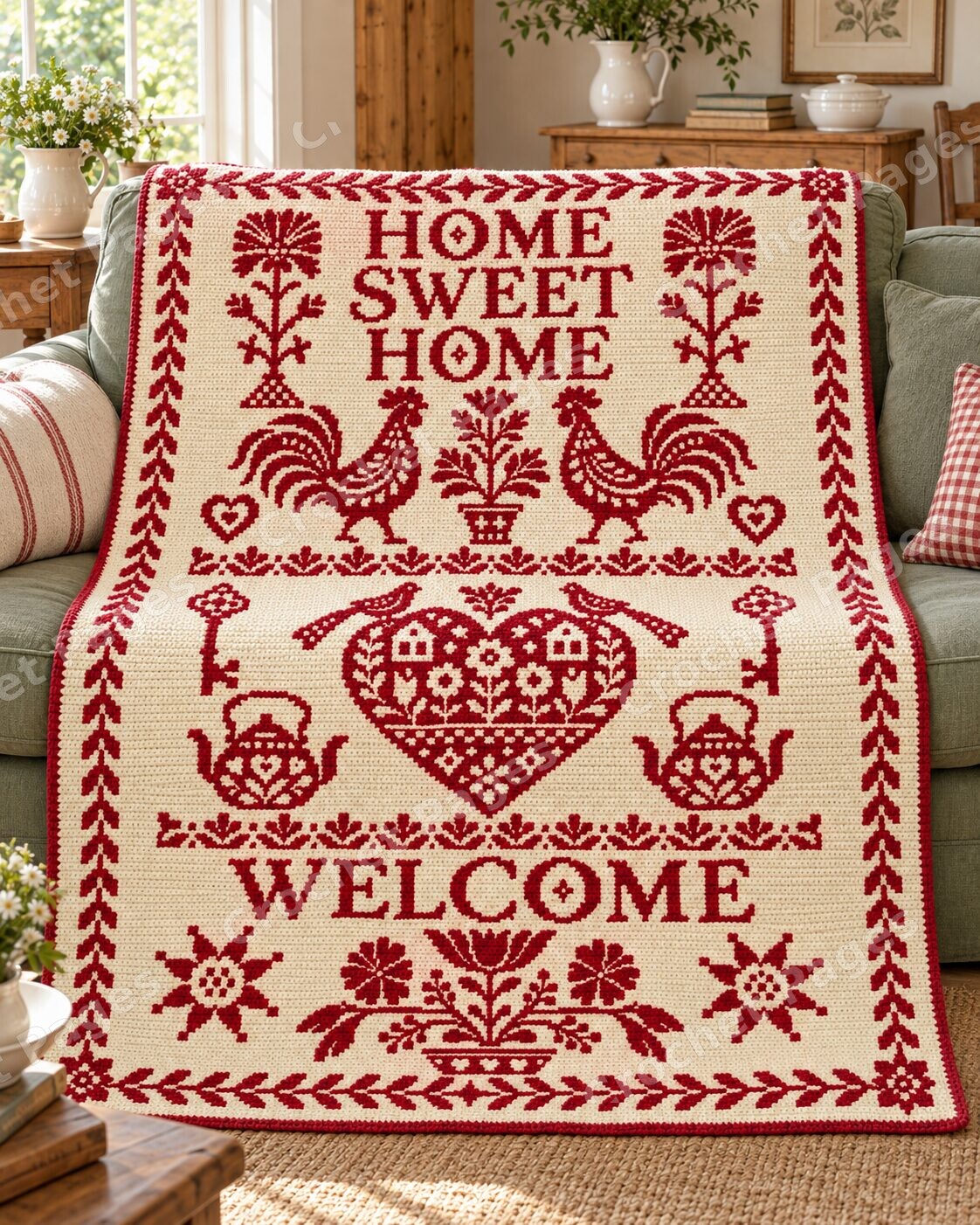 Folk Rooster Welcome crochet blanket mockup, showing the full colorwork design in a cozy room.