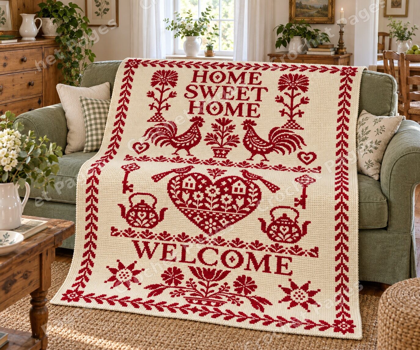 Folk Rooster Welcome crochet blanket room mockup with natural light and warm furnishings.
