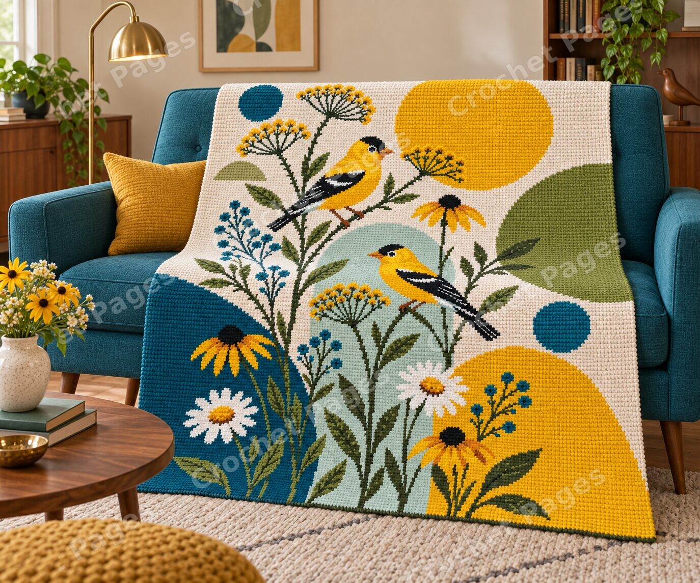 Goldfinches Wildflower Meadow crochet blanket room mockup with natural light and warm furnishings.