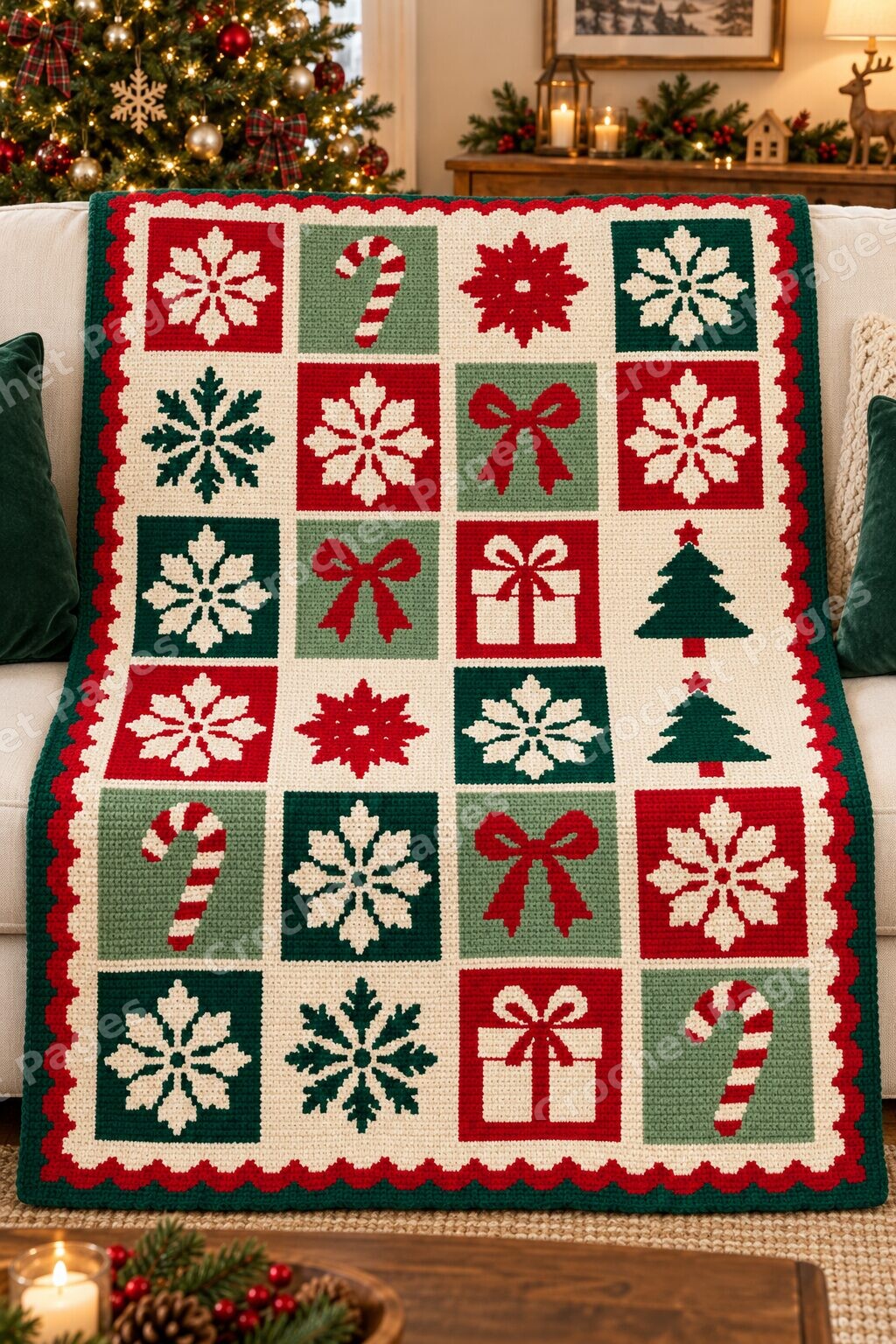 Festive Four Color Patchwork crochet blanket mockup, showing the full colorwork design in a cozy room.