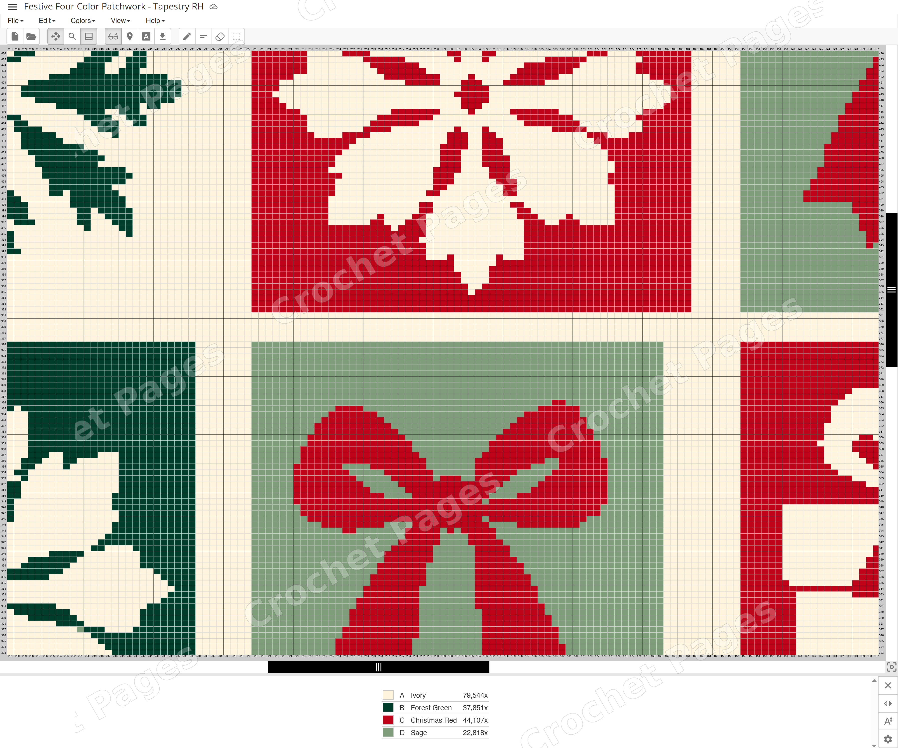 Actual Stitch Fiddle chart detail for Festive Four Color Patchwork, showing single crochet cells, row and stitch numbers and color legend. Partial chart only.