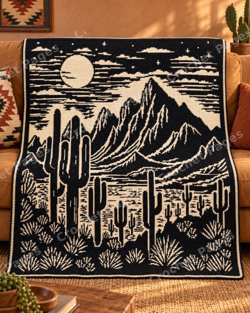 Desert Cactus Moon crochet blanket mockup, showing the full colorwork design in a cozy room.