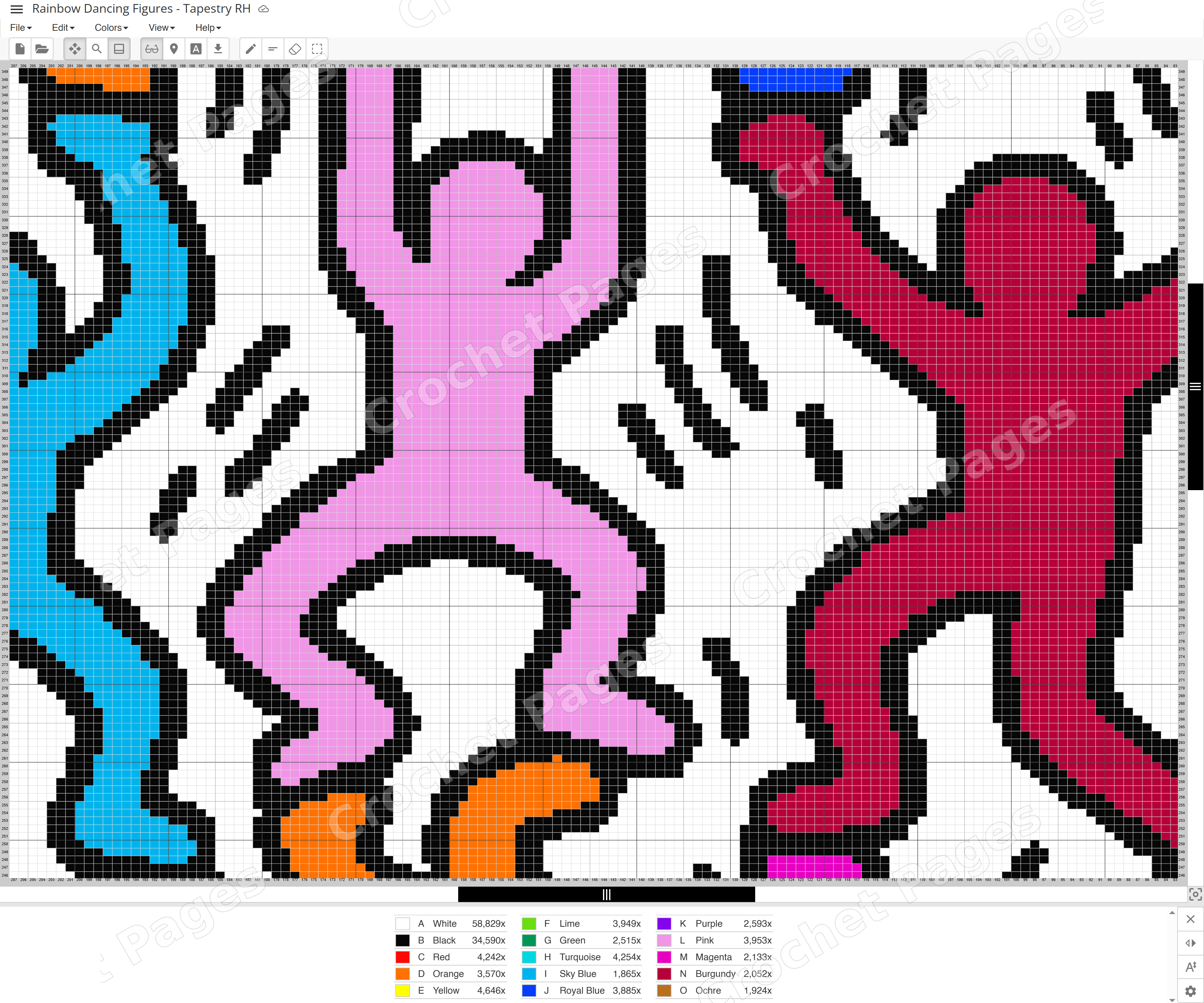 Actual Stitch Fiddle chart detail for Rainbow Dancing Figures, showing single crochet cells, row and stitch numbers and color legend. Partial chart only.