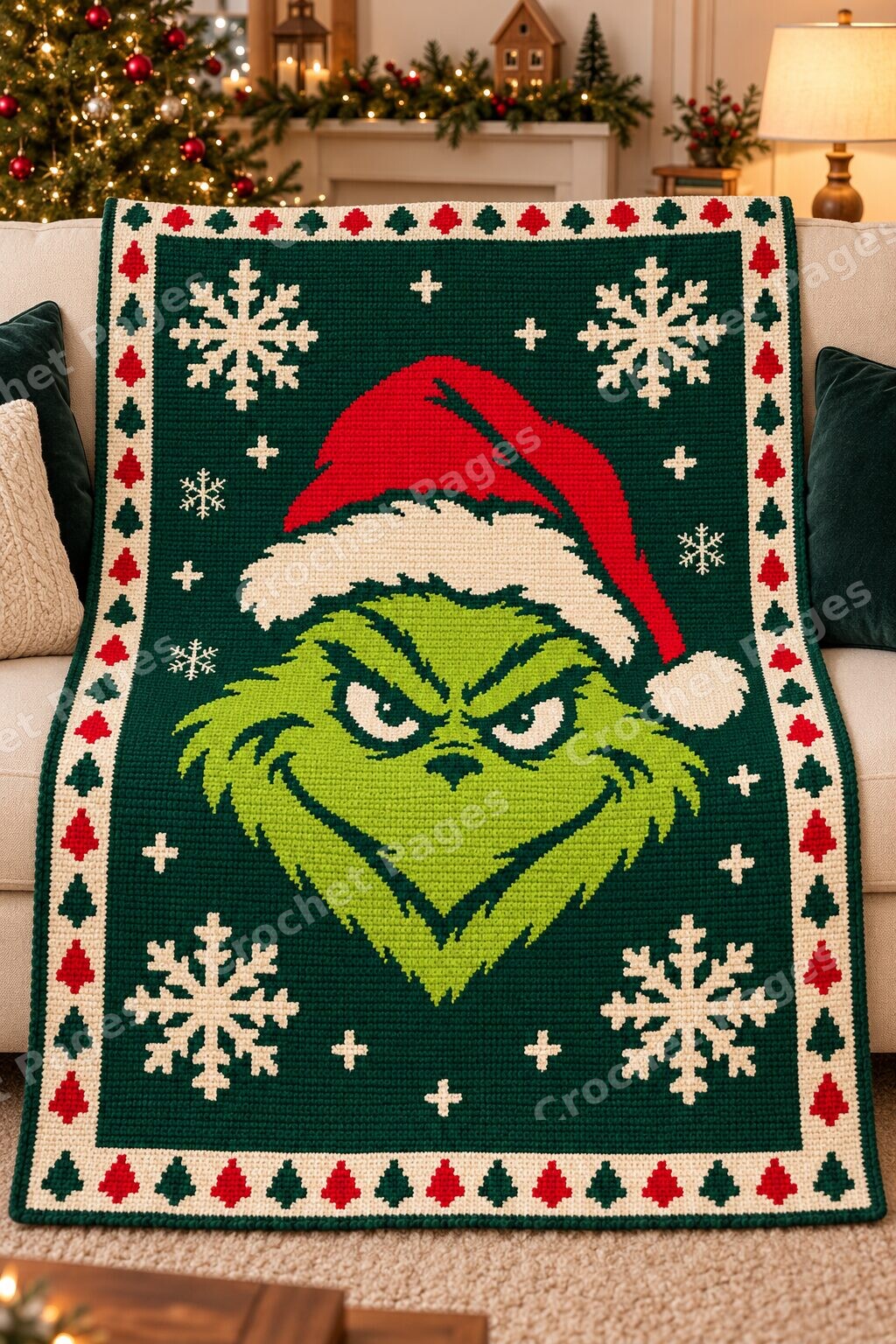 Green Christmas Grump crochet blanket mockup, showing the full colorwork design in a cozy room.