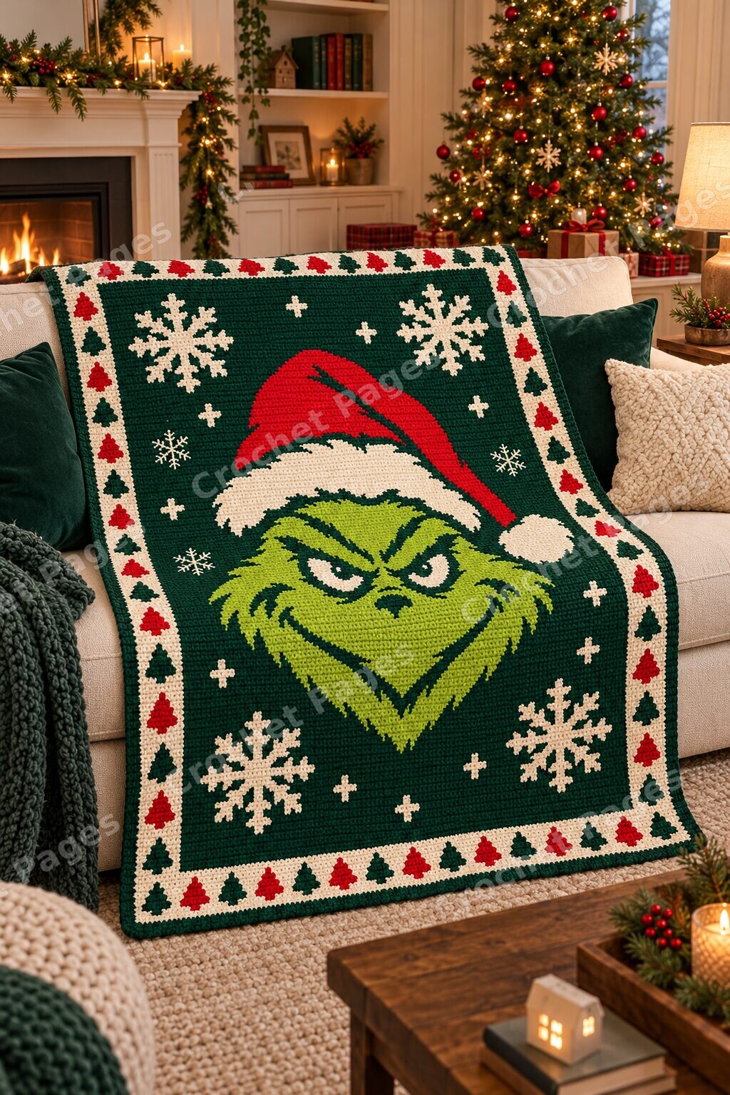 Green Christmas Grump crochet blanket room mockup with natural light and warm furnishings.
