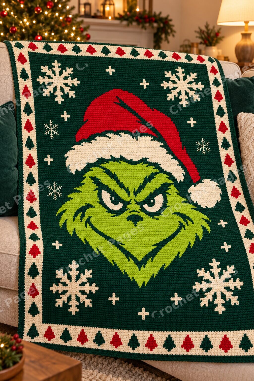 Angled detail mockup of Green Christmas Grump, showing the recognizable motifs and crochet yarn texture.