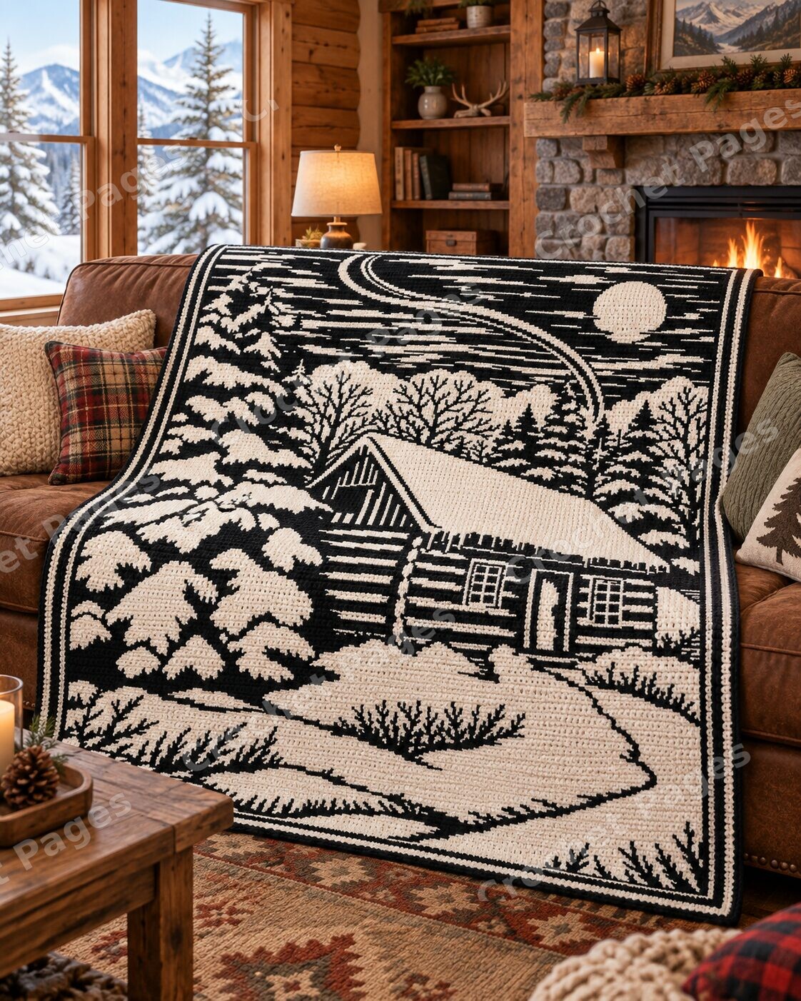 Moonlit Snow Cabin crochet blanket room mockup with natural light and warm furnishings.