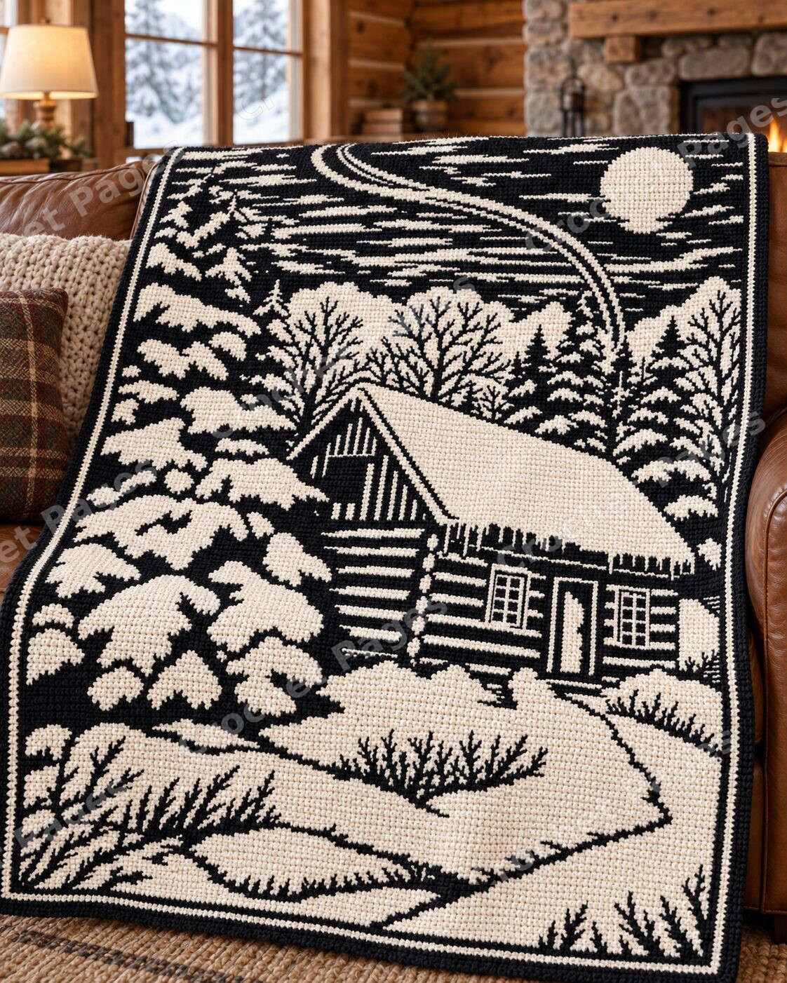 Angled detail mockup of Moonlit Snow Cabin, showing the recognizable motifs and crochet yarn texture.