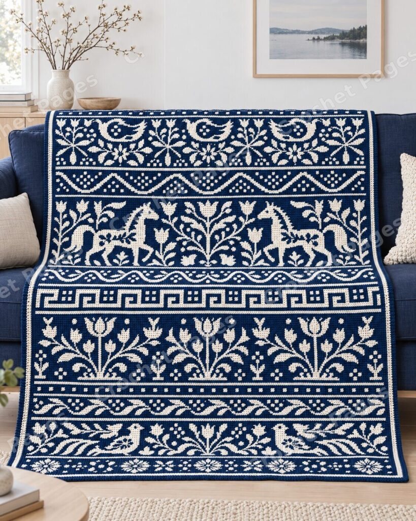 Blue Folk Horses and Birds crochet blanket mockup, showing the full colorwork design in a cozy room.
