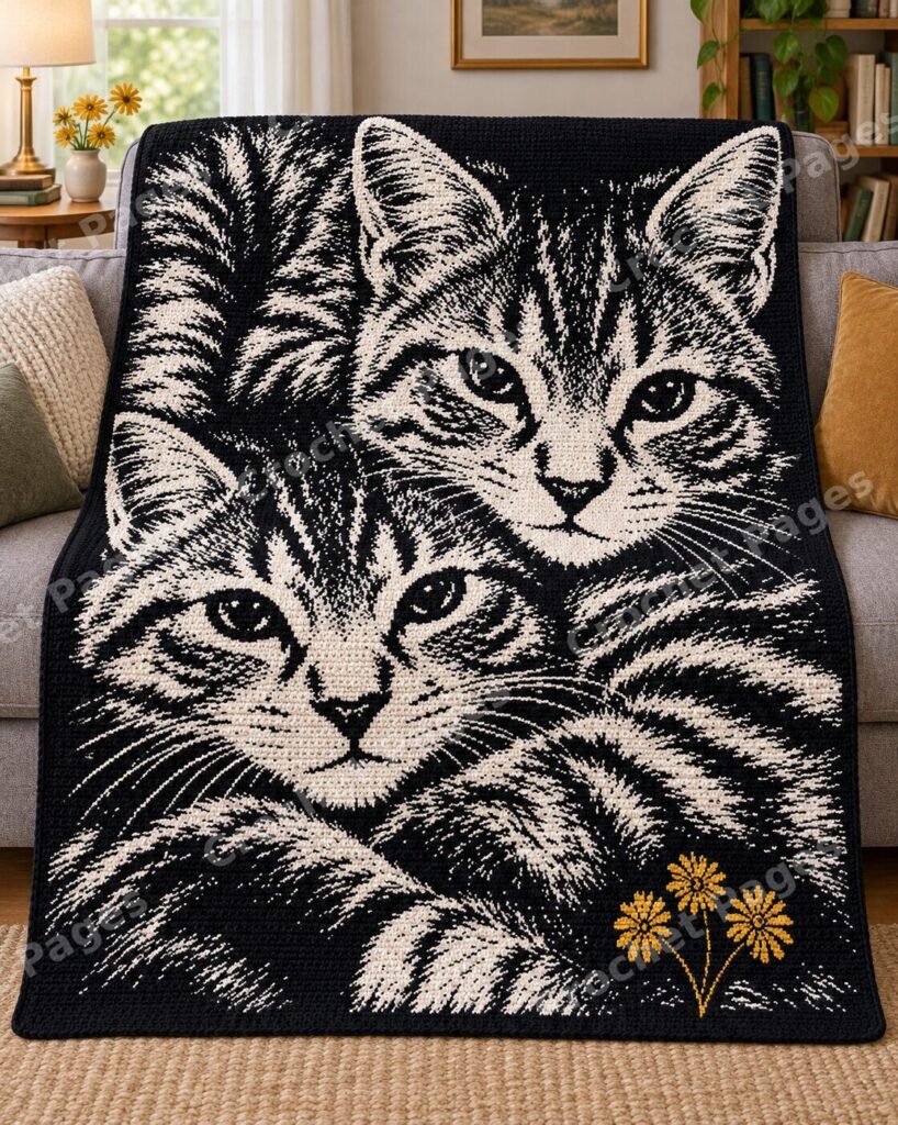 Tabby Kittens Portrait crochet blanket mockup, showing the full colorwork design in a cozy room.