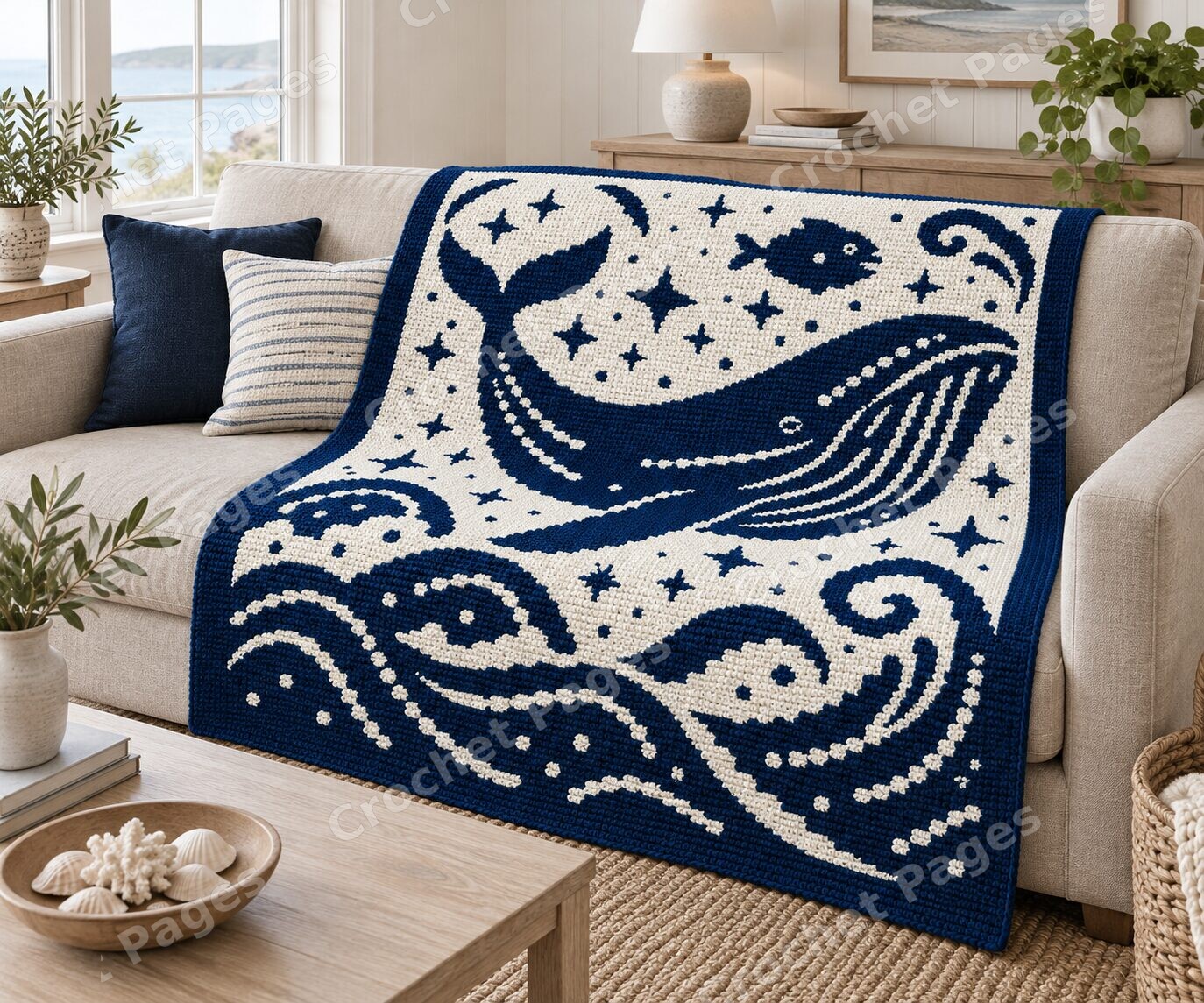 Navy Whale and Ocean crochet blanket room mockup with natural light and warm furnishings.