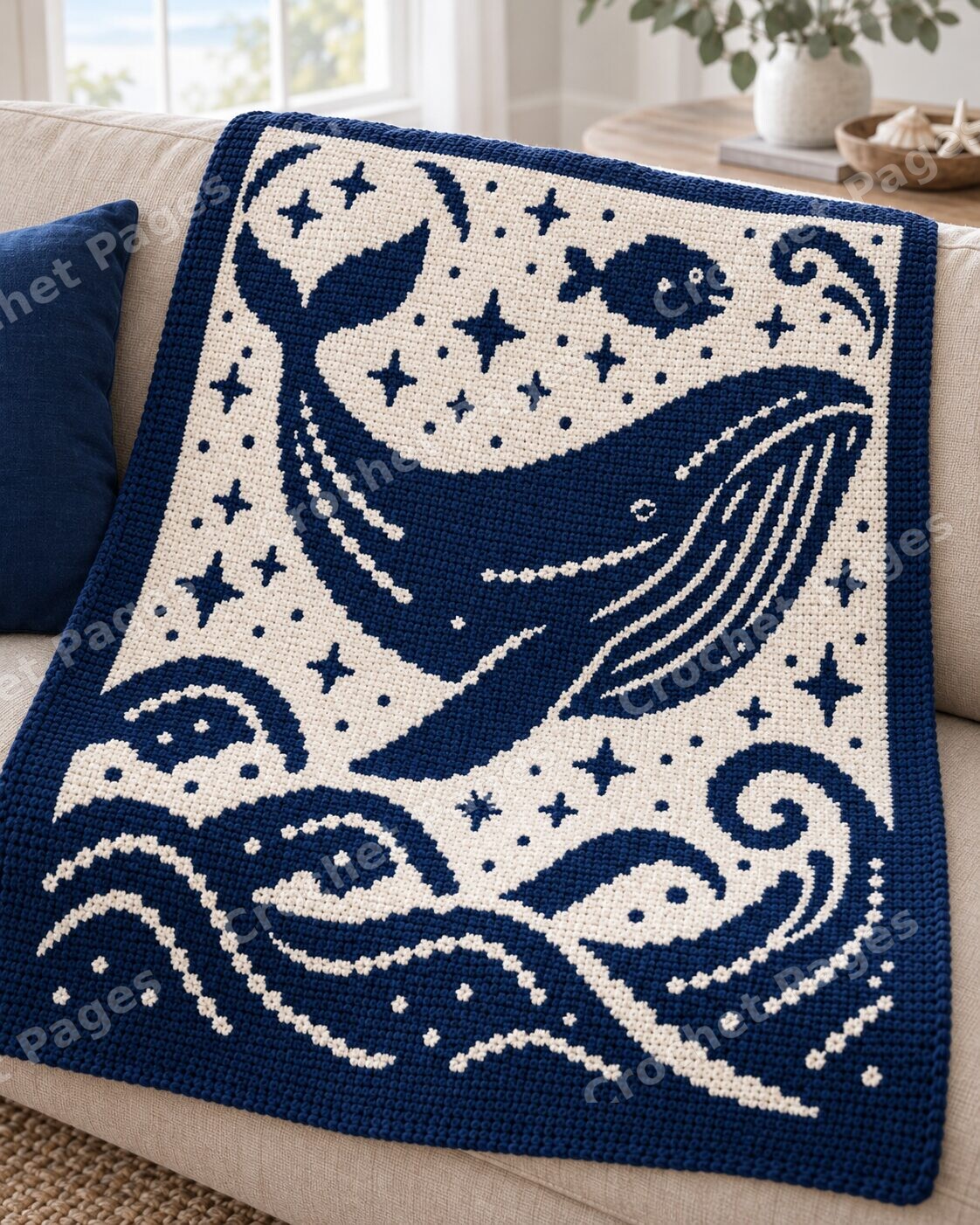 Angled detail mockup of Navy Whale and Ocean, showing the recognizable motifs and crochet yarn texture.