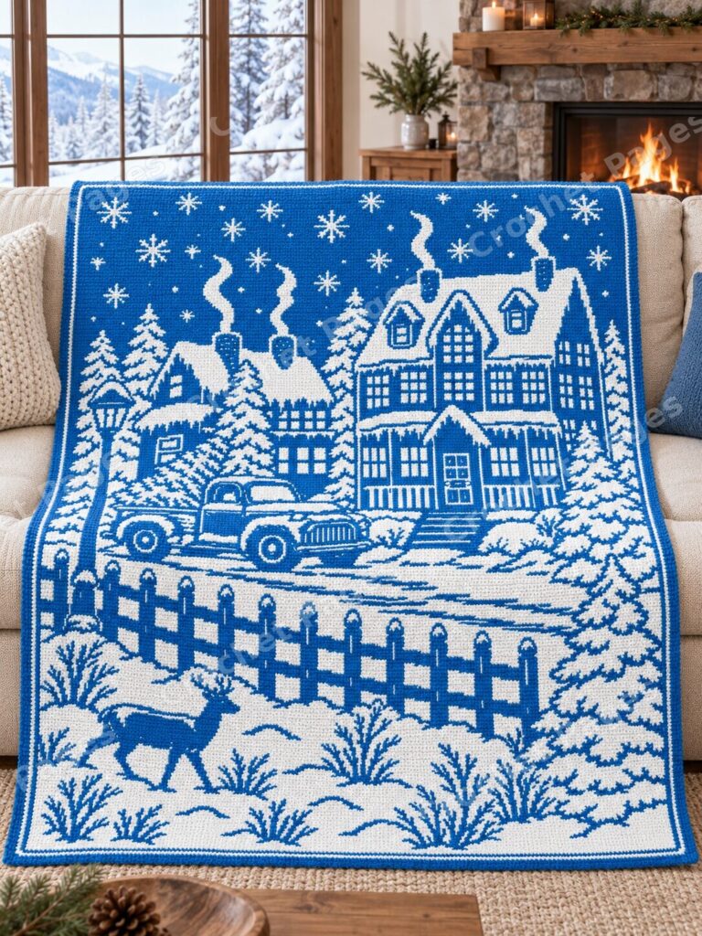 Blue Snowy Village crochet blanket mockup, showing the full colorwork design in a cozy room.