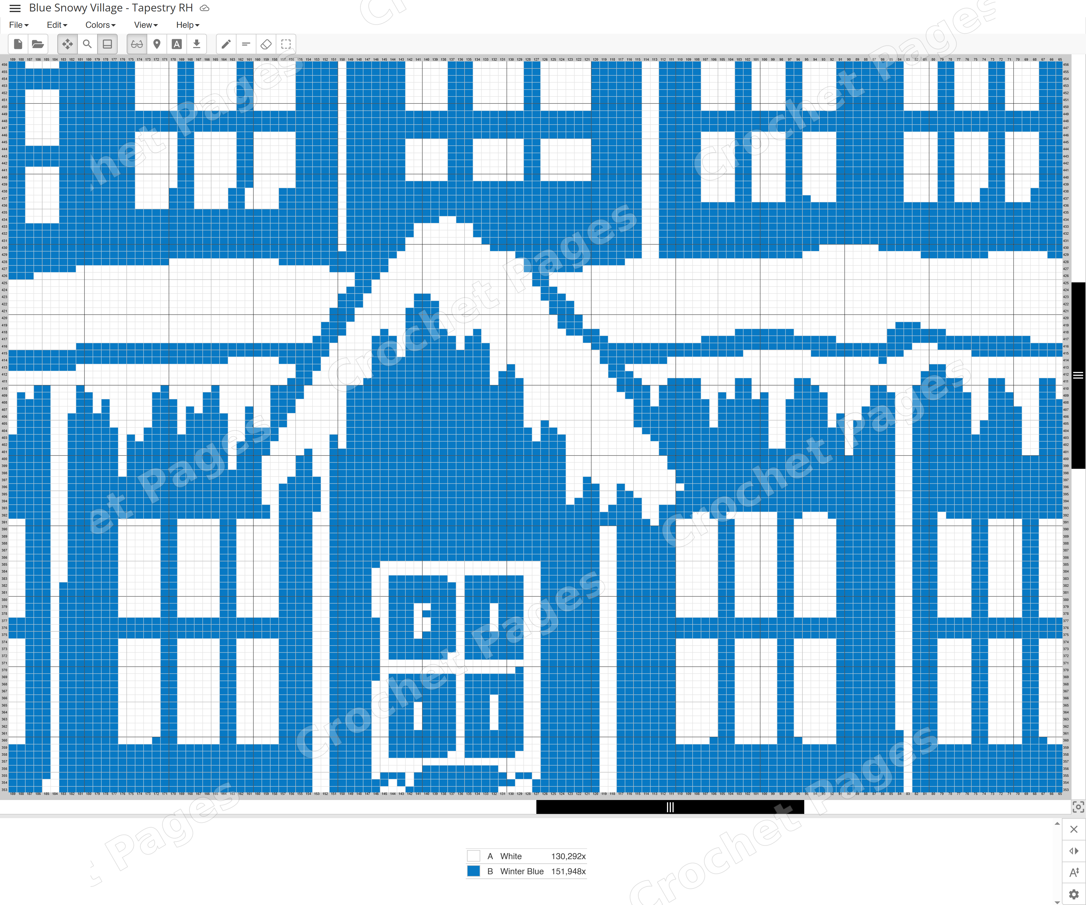 Actual Stitch Fiddle chart detail for Blue Snowy Village, showing single crochet cells, row and stitch numbers and color legend. Partial chart only.