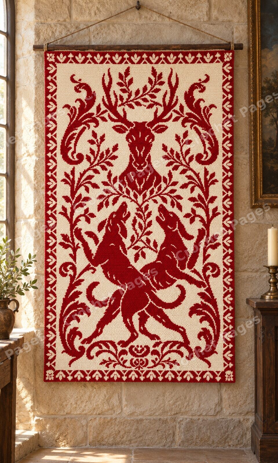 Crimson Stag and Hounds crochet wall hanging mockup, showing the full colorwork design in a cozy room.