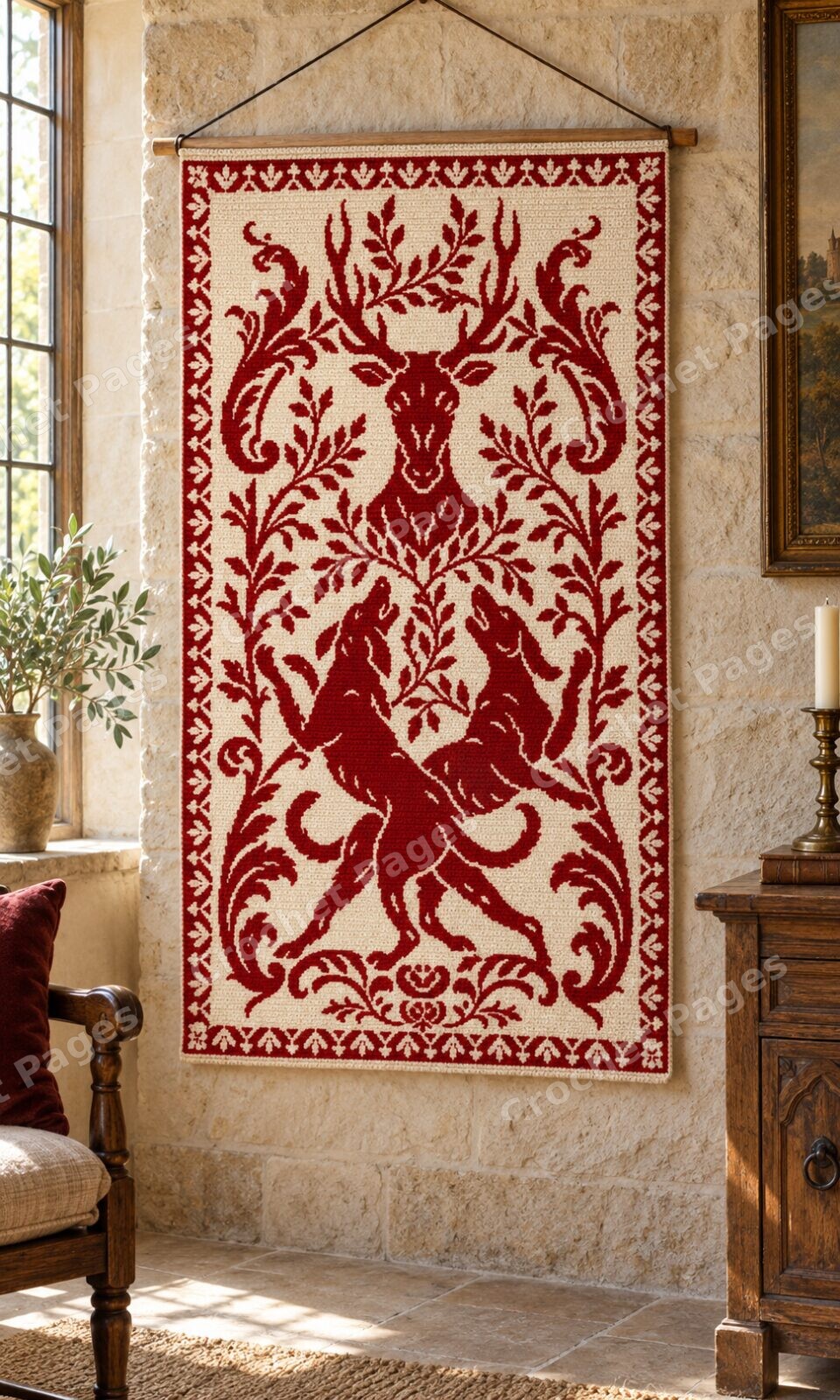 Crimson Stag and Hounds crochet wall hanging room mockup with natural light and warm furnishings.