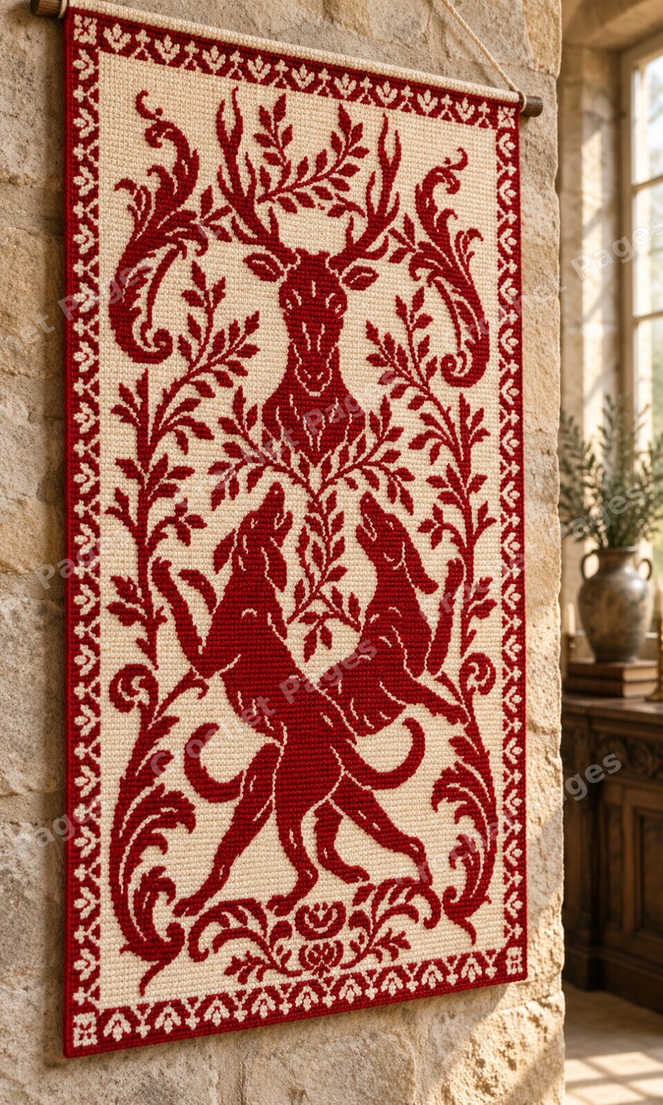 Angled detail mockup of Crimson Stag and Hounds, showing the recognizable motifs and crochet yarn texture.