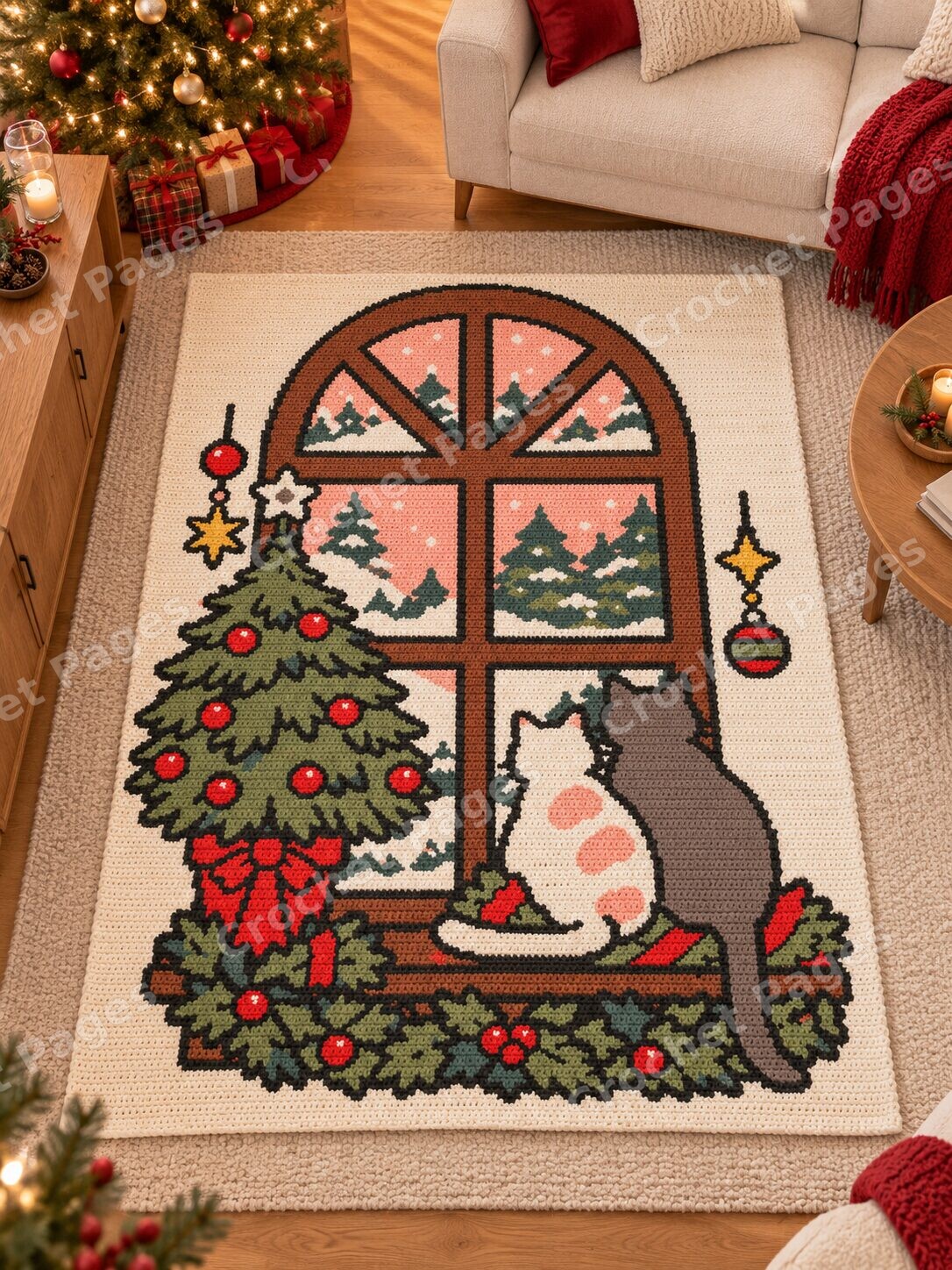 Christmas Window Cats crochet blanket room mockup with natural light and warm furnishings.