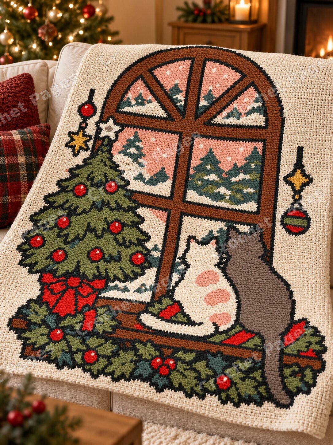 Angled detail mockup of Christmas Window Cats, showing the recognizable motifs and crochet yarn texture.